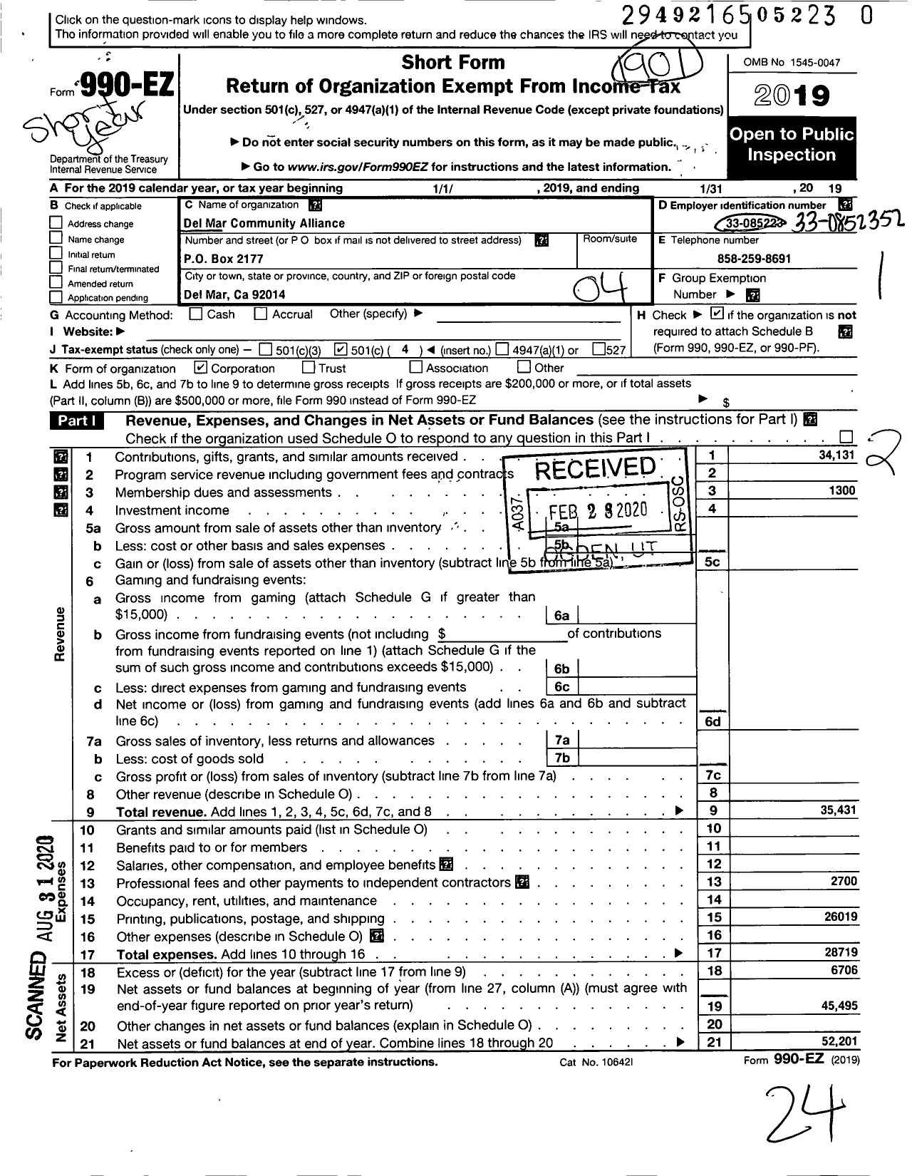 Image of first page of 2018 Form 990EO for Del Mar Community Alliance