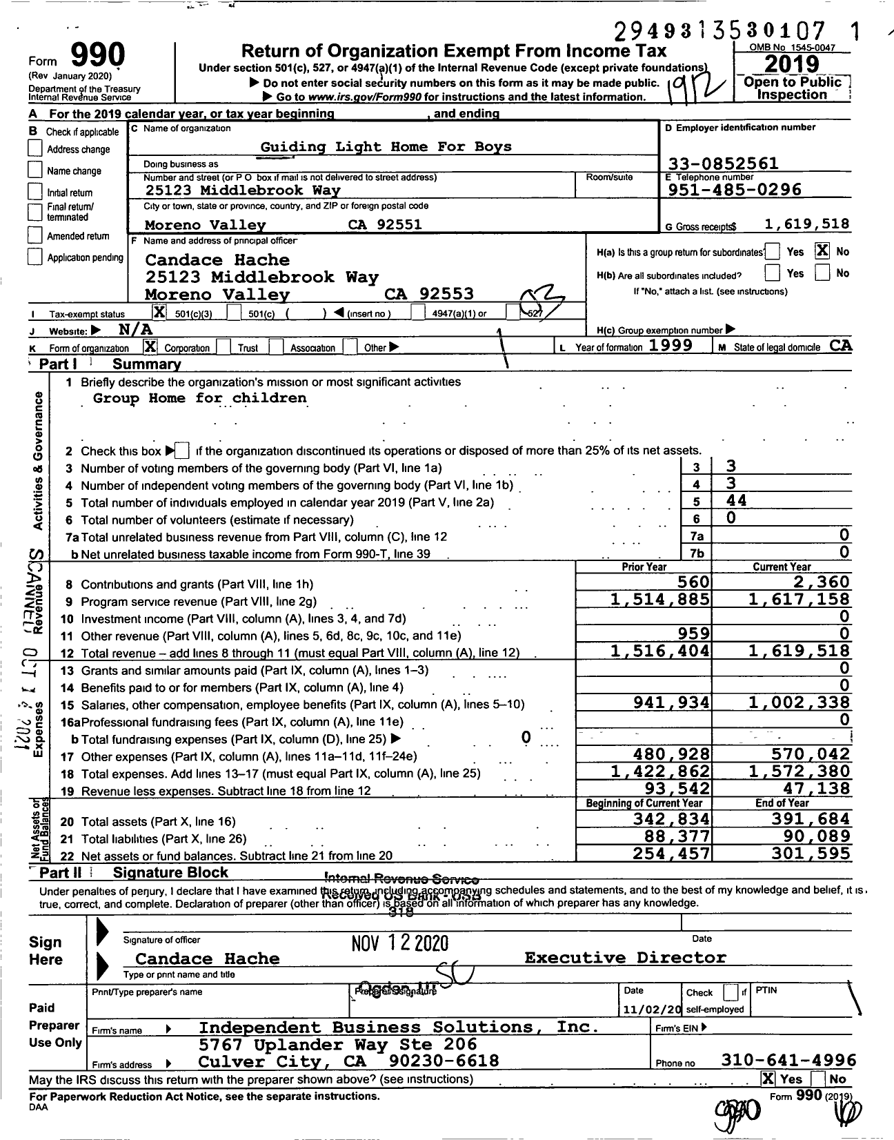 Image of first page of 2019 Form 990 for Guiding Light Home for Boys