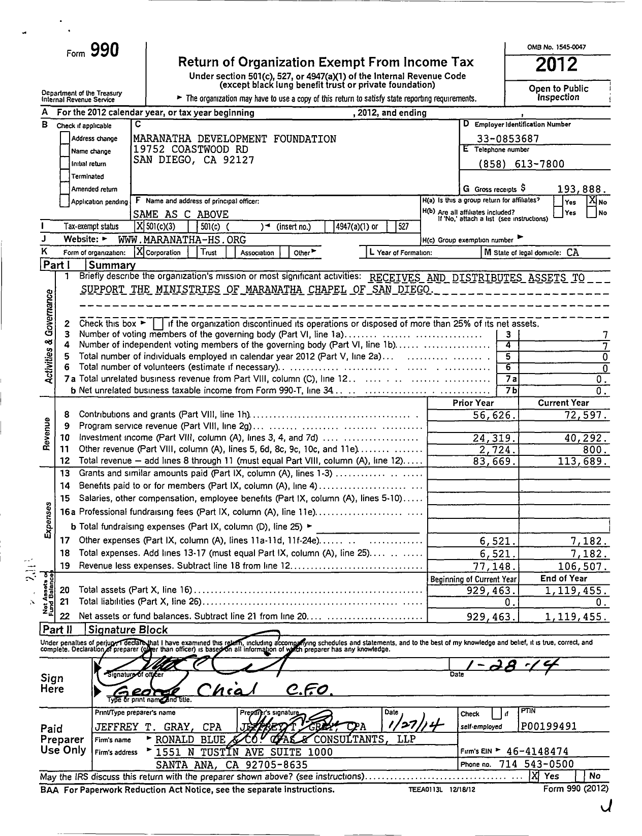 Image of first page of 2012 Form 990 for Maranatha Development Foundation