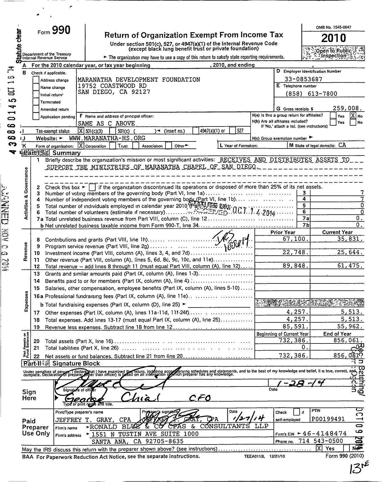 Image of first page of 2010 Form 990 for Maranatha Development Foundation