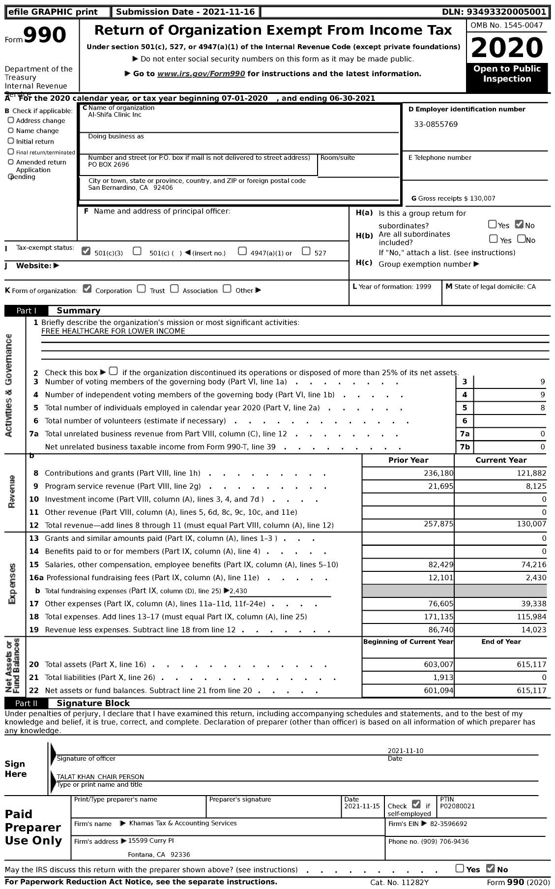 Image of first page of 2020 Form 990 for Al-Shifa Clinic