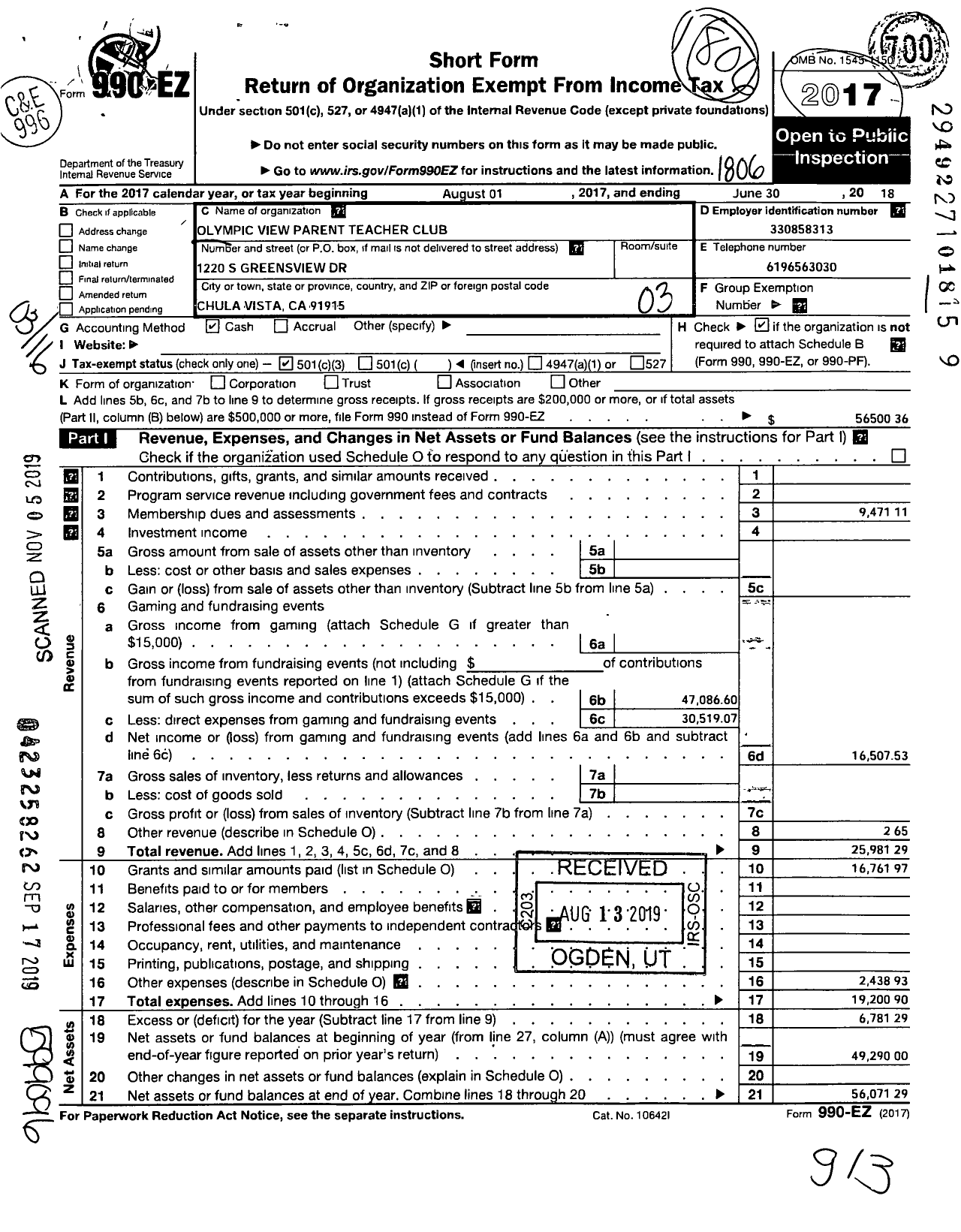 Image of first page of 2017 Form 990EZ for Olympic View Parent Teacher Club