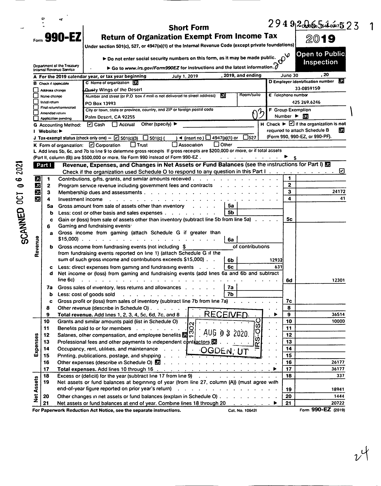 Image of first page of 2019 Form 990EZ for Dusty Wings of the Desert