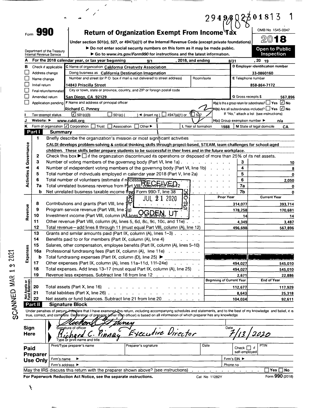 Image of first page of 2018 Form 990 for California Destination Imagination