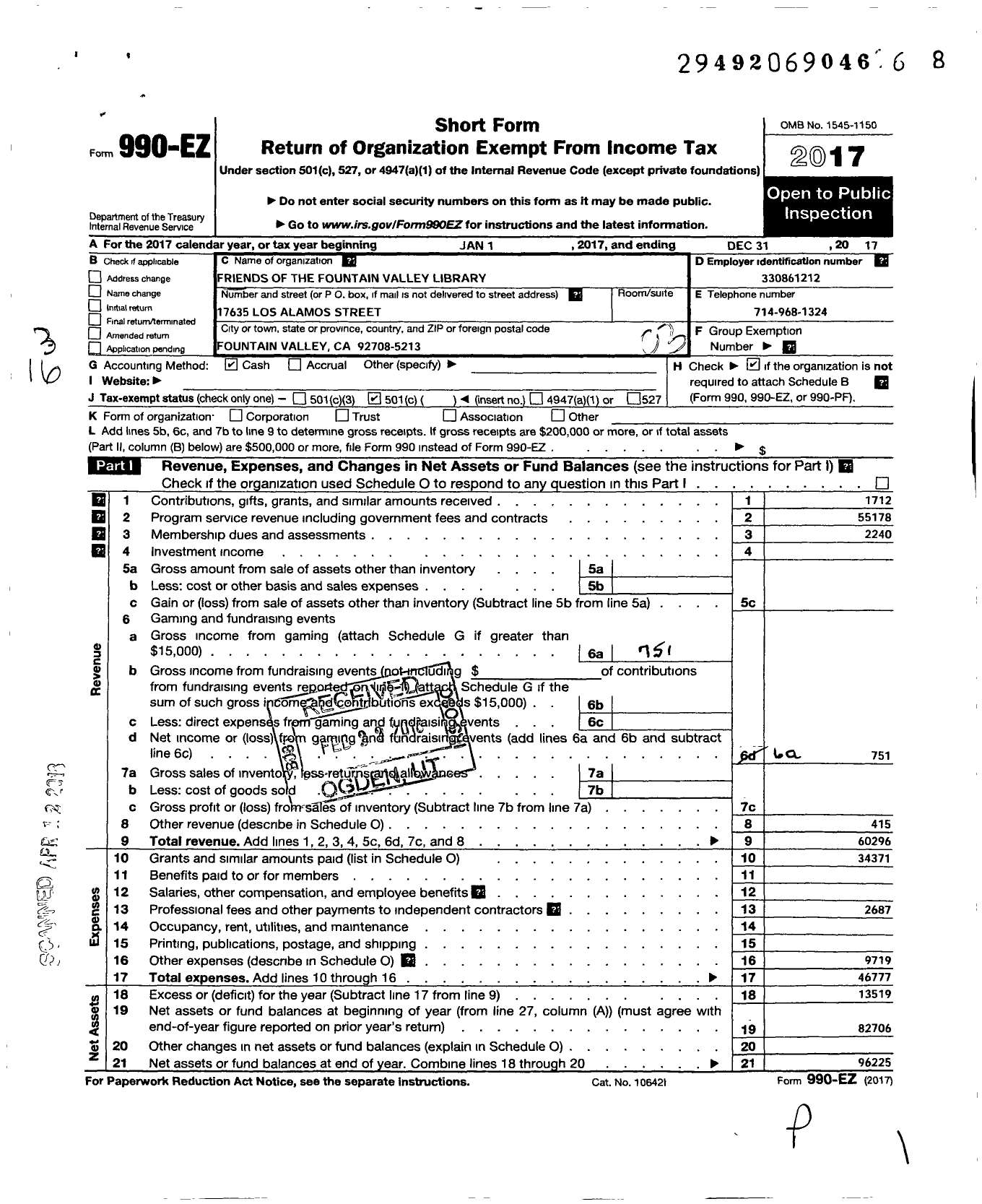 Image of first page of 2017 Form 990EZ for Friends of the Fountain Valley Library