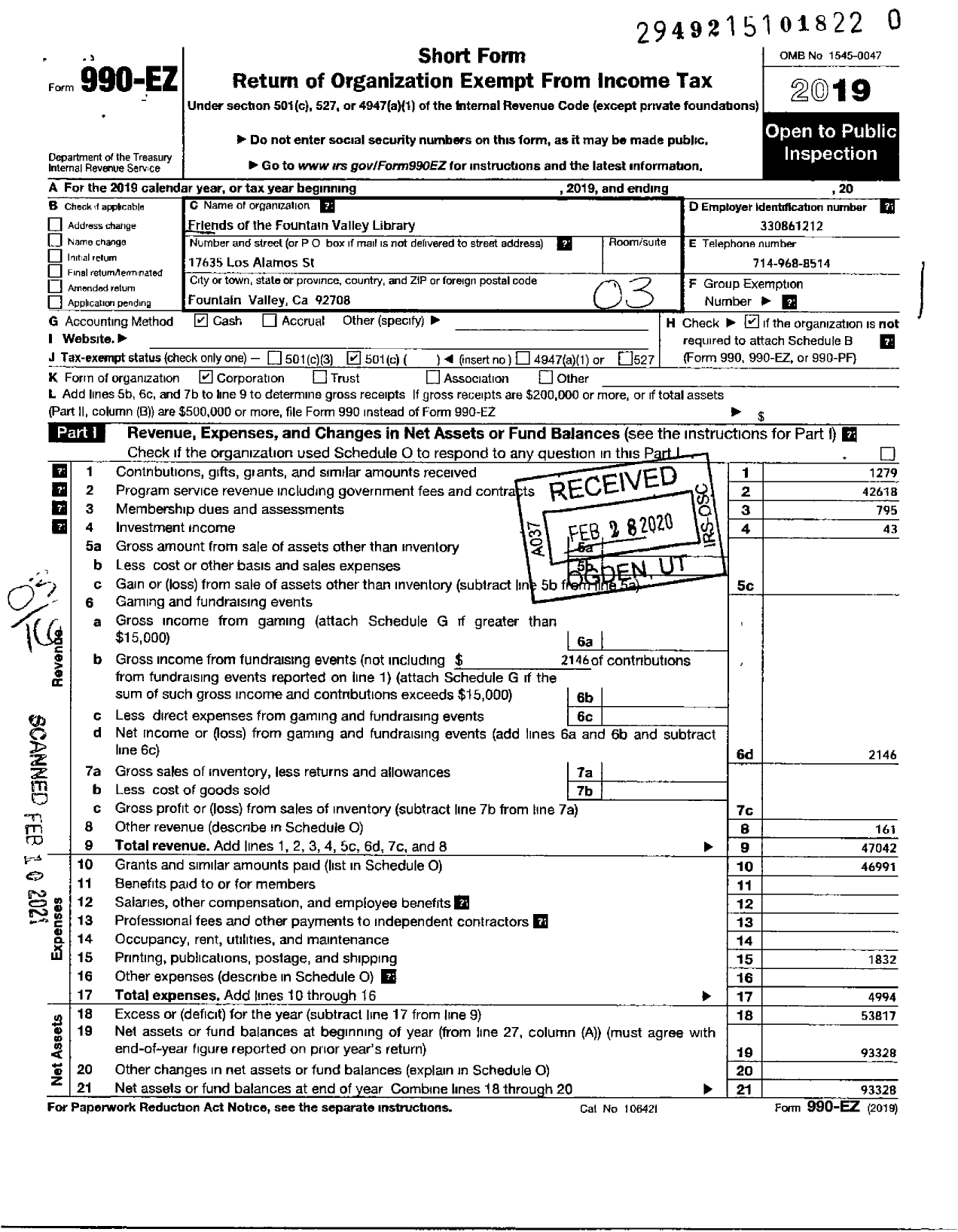 Image of first page of 2019 Form 990EZ for Friends of the Fountain Valley Library