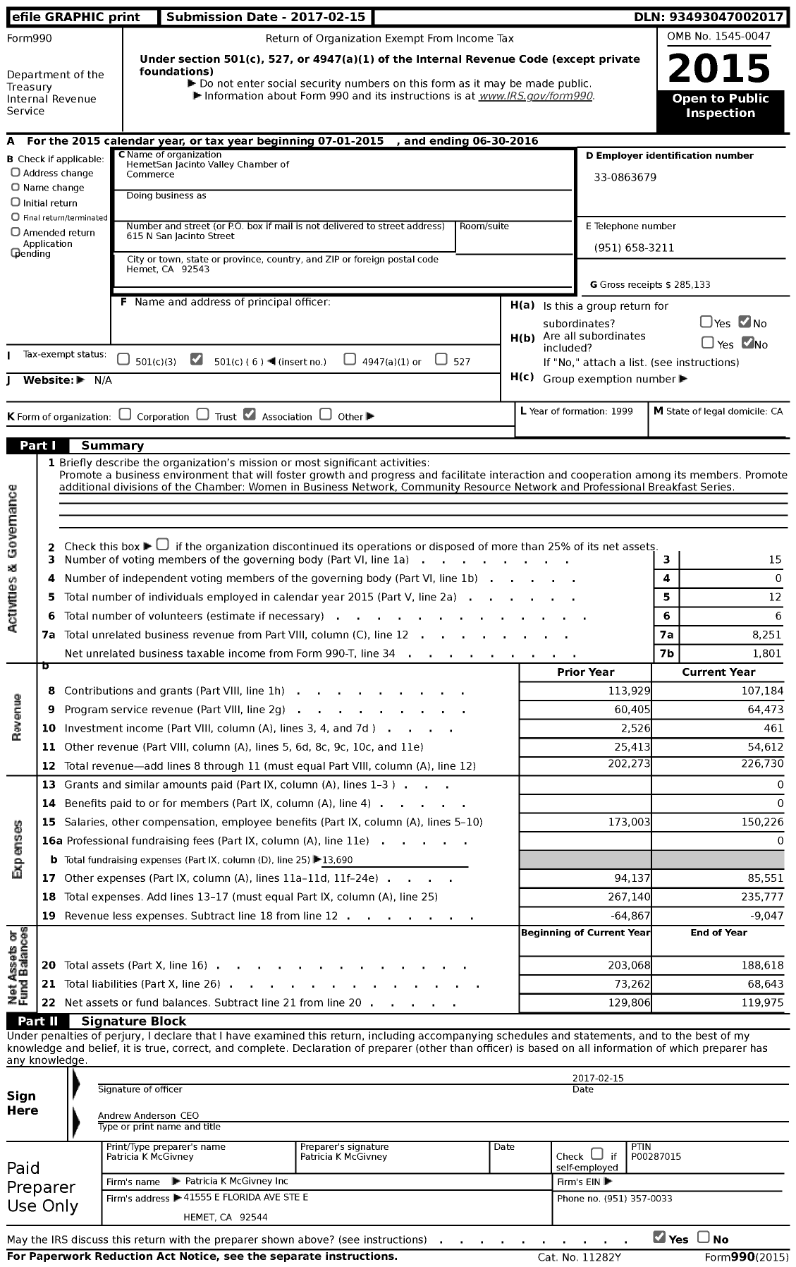 Image of first page of 2015 Form 990 for Hemet San Jacinto Valley Chamber of Commerce