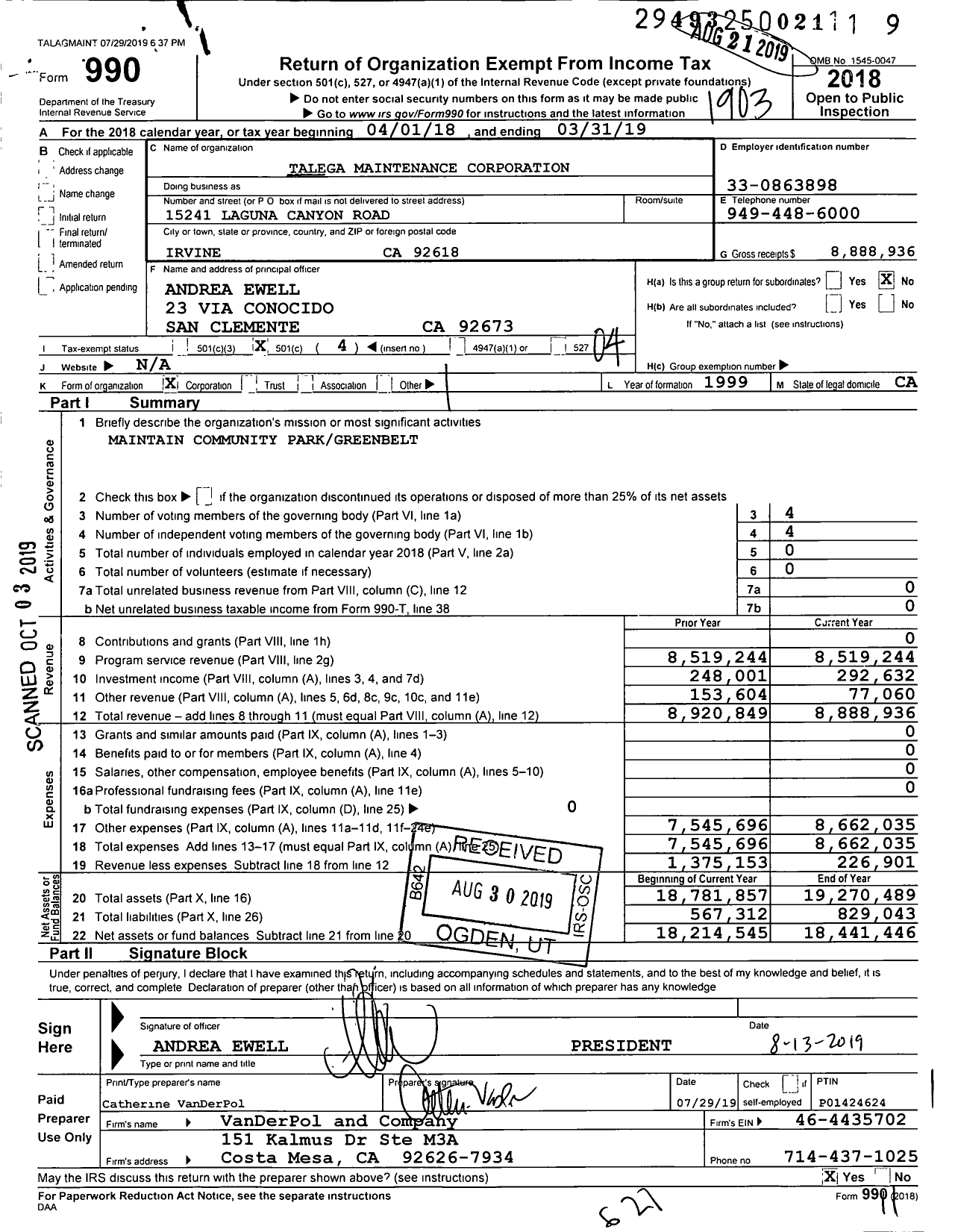 Image of first page of 2018 Form 990O for Talega Maintenance Corporation