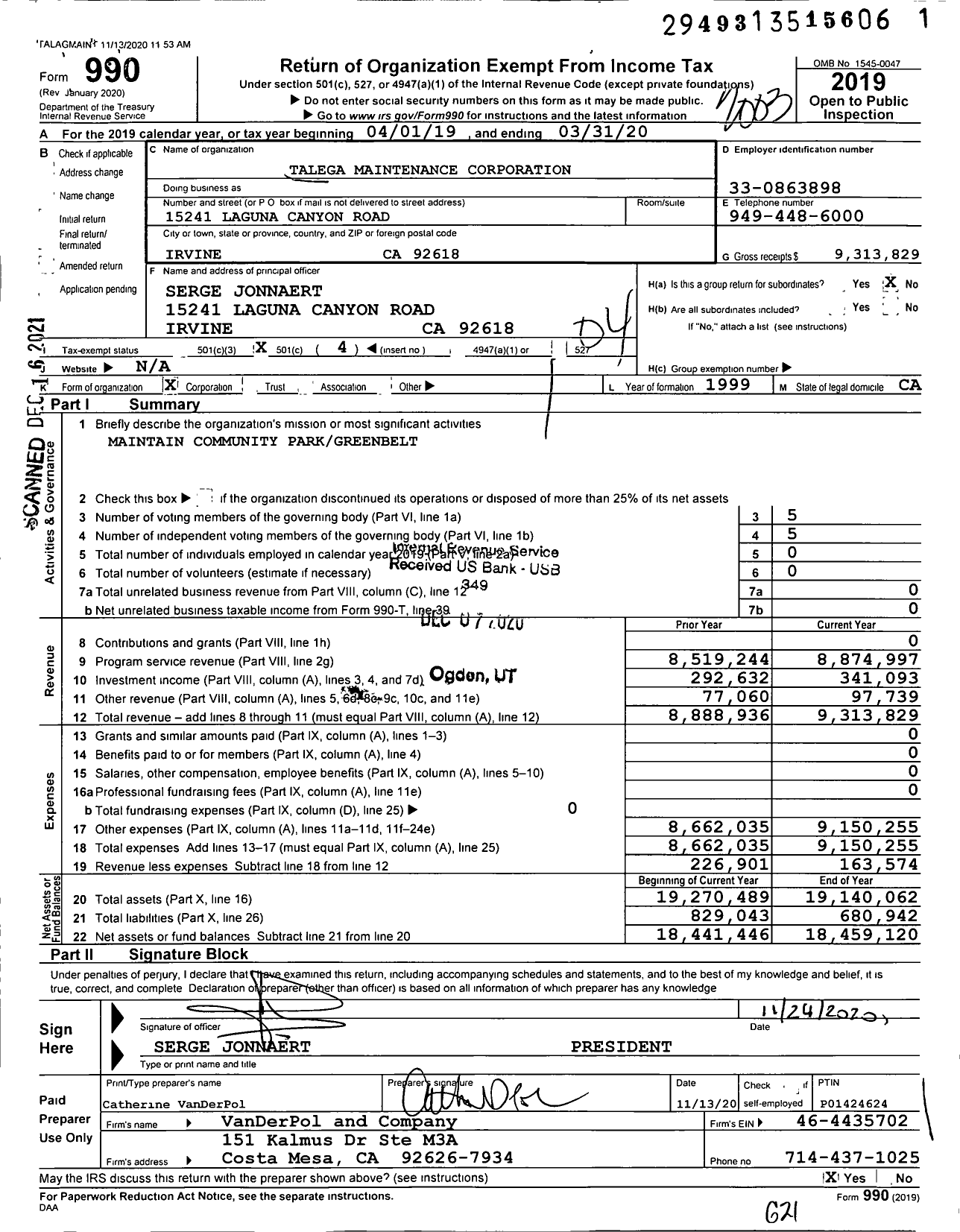 Image of first page of 2019 Form 990O for Talega Maintenance Corporation