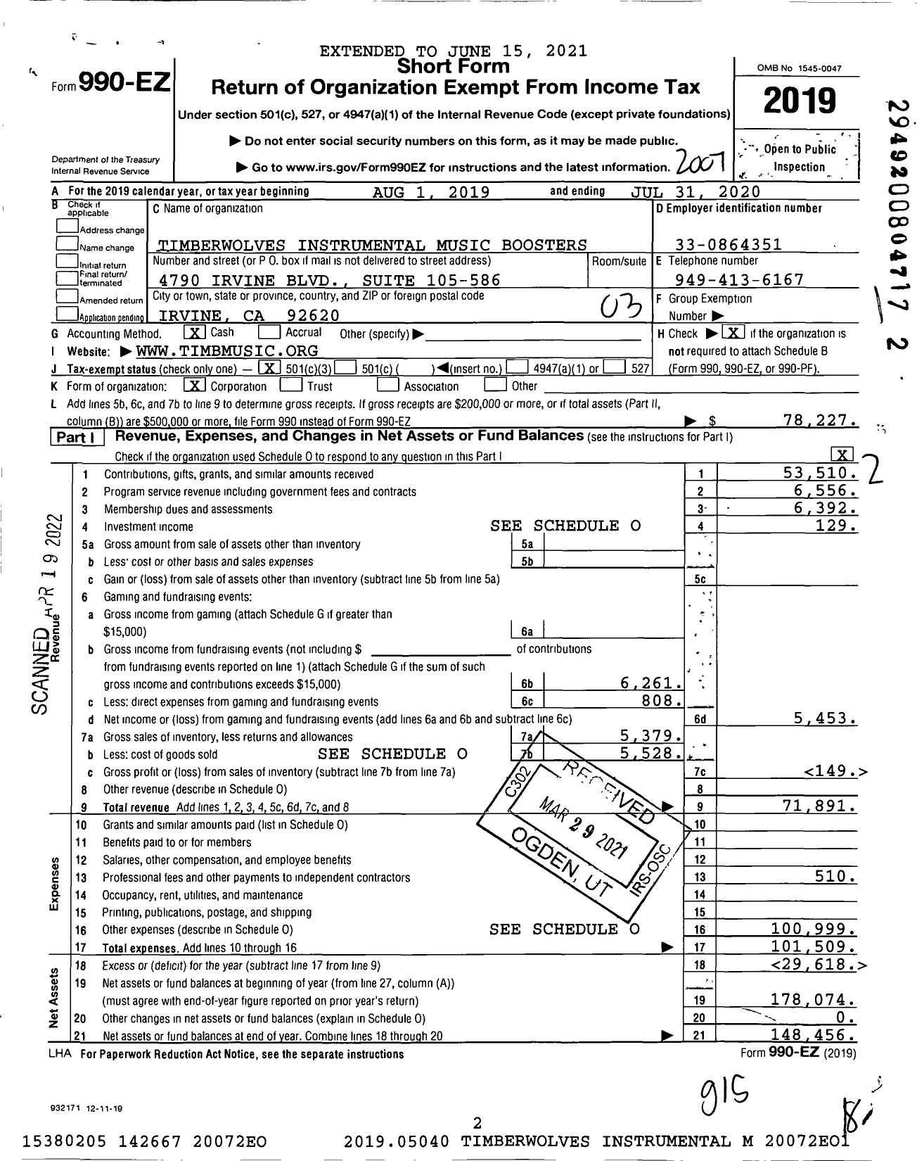 Image of first page of 2019 Form 990EZ for Timberwolves Instrumental Music Boosters