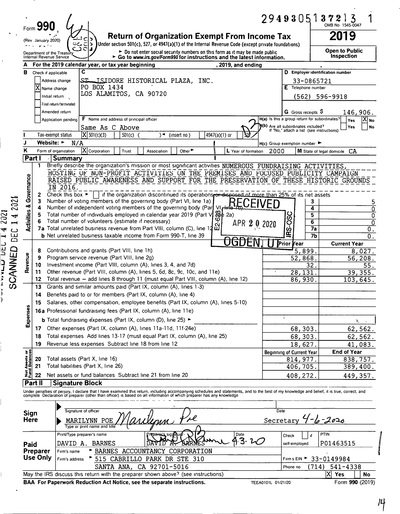 Image of first page of 2019 Form 990 for St Isidore Historical Plaza