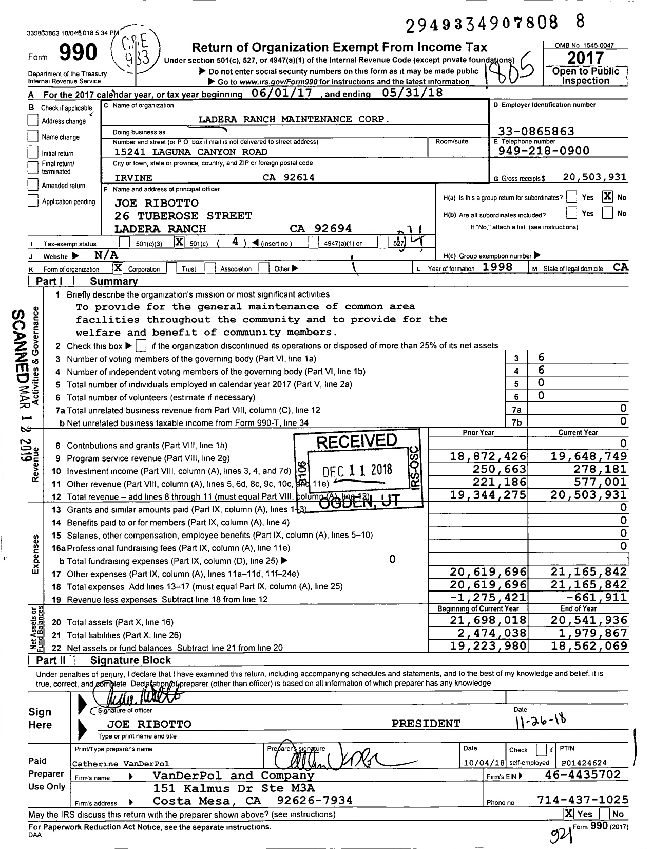 Image of first page of 2017 Form 990O for Ladera Ranch Maintenance Corporation