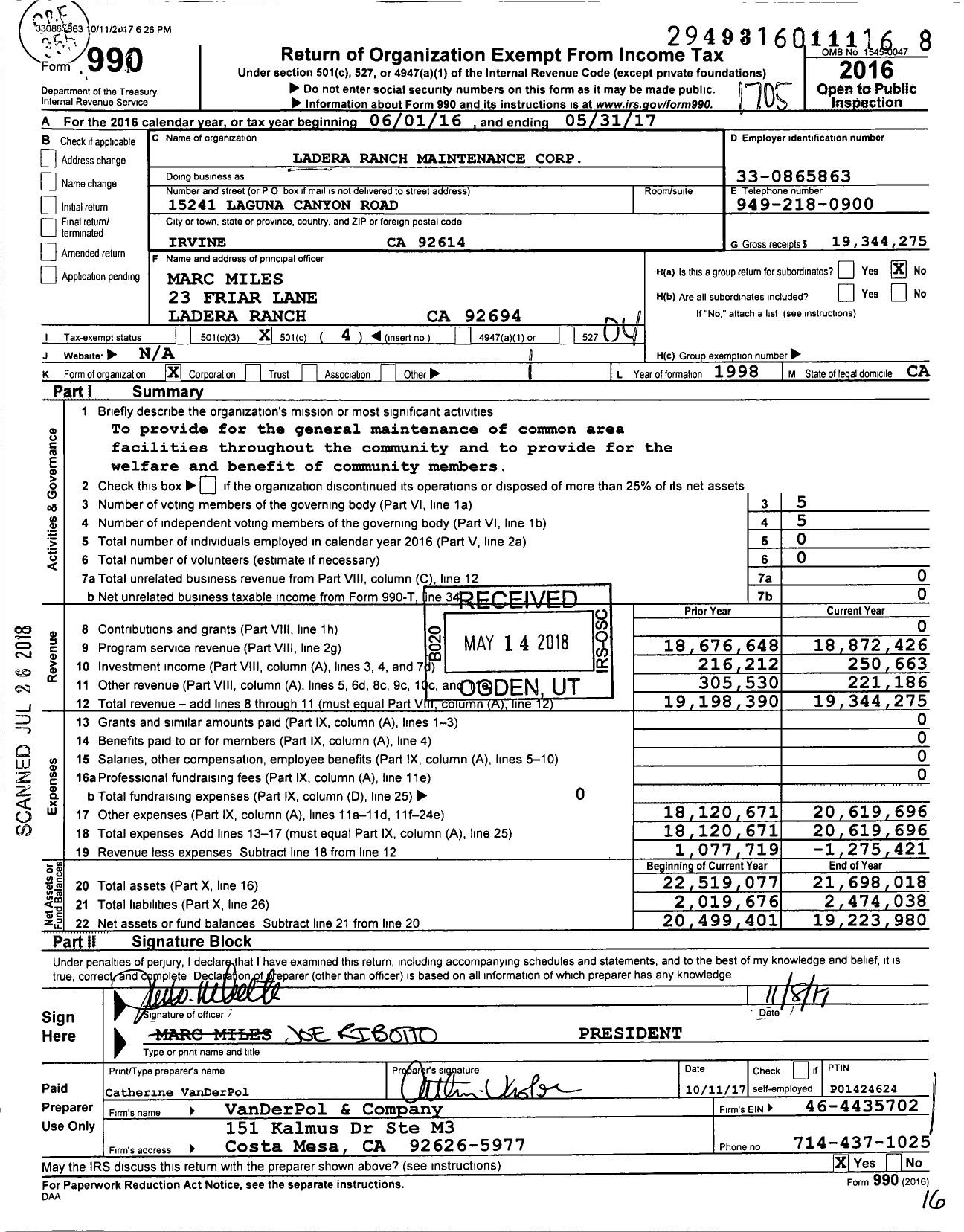 Image of first page of 2016 Form 990O for Ladera Ranch Maintenance Corporation