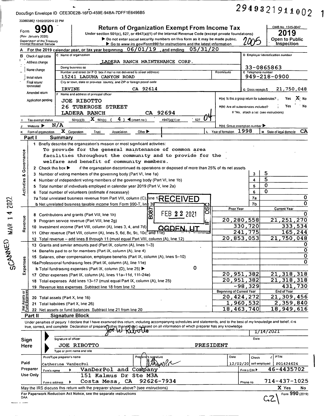 Image of first page of 2019 Form 990O for Ladera Ranch Maintenance Corporation