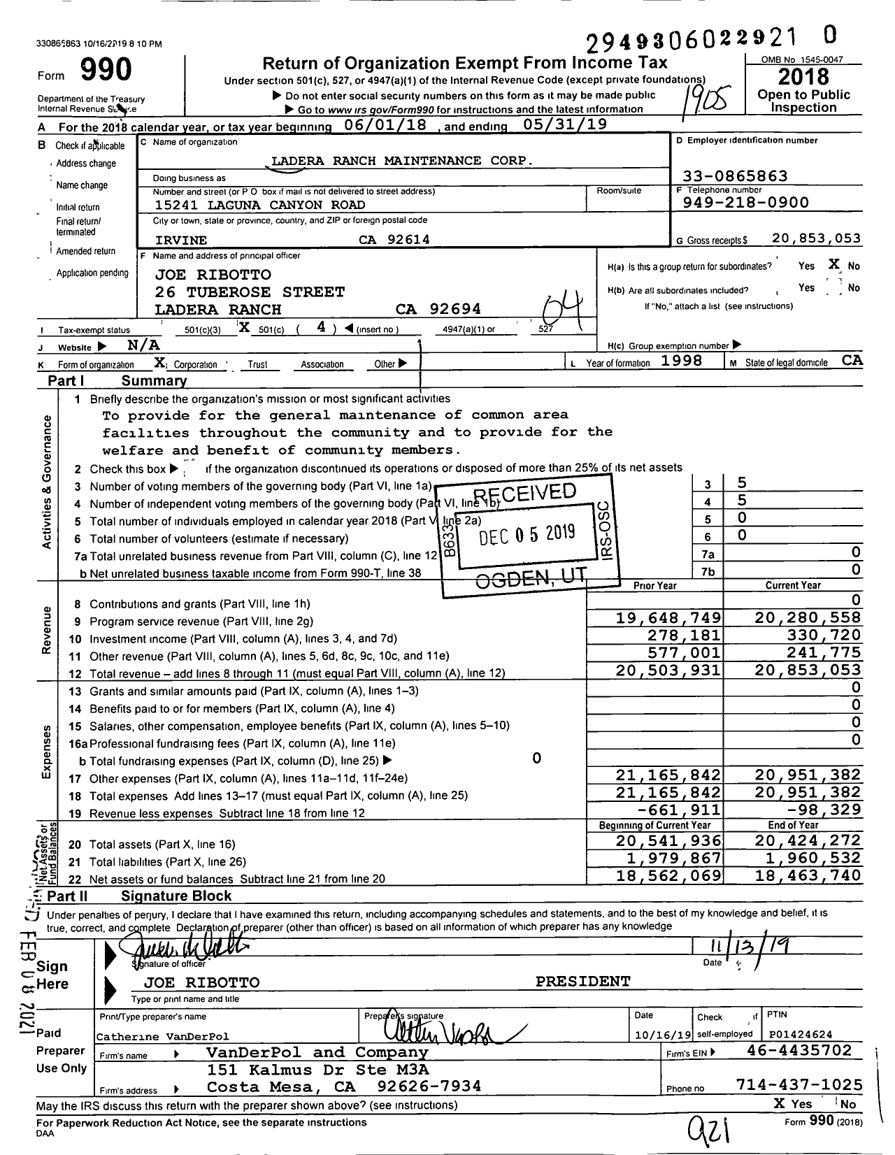Image of first page of 2018 Form 990O for Ladera Ranch Maintenance Corporation