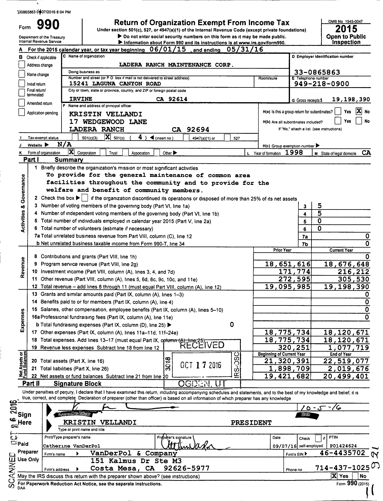Image of first page of 2015 Form 990O for Ladera Ranch Maintenance Corporation