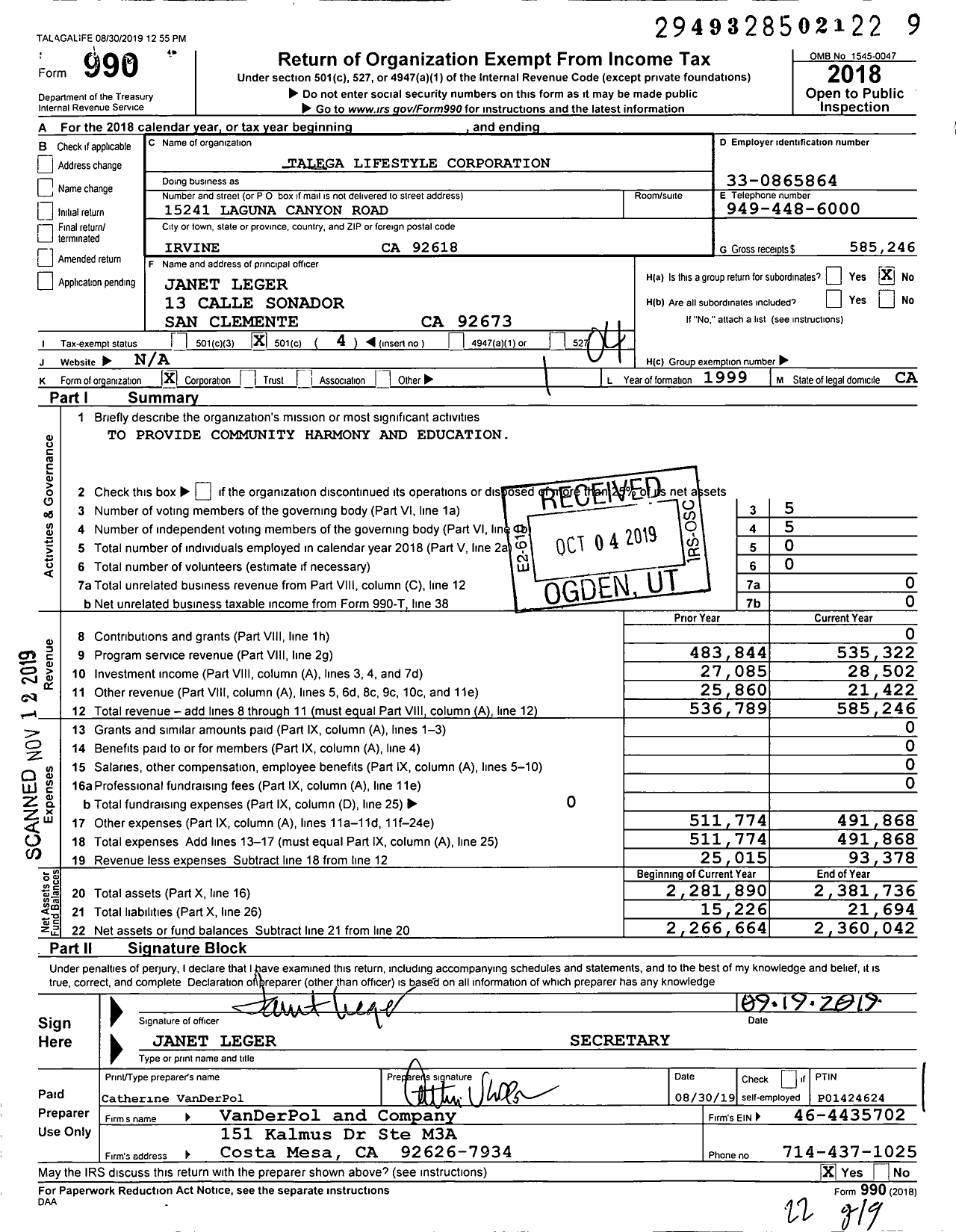 Image of first page of 2018 Form 990O for Talega Lifestyle Corporation