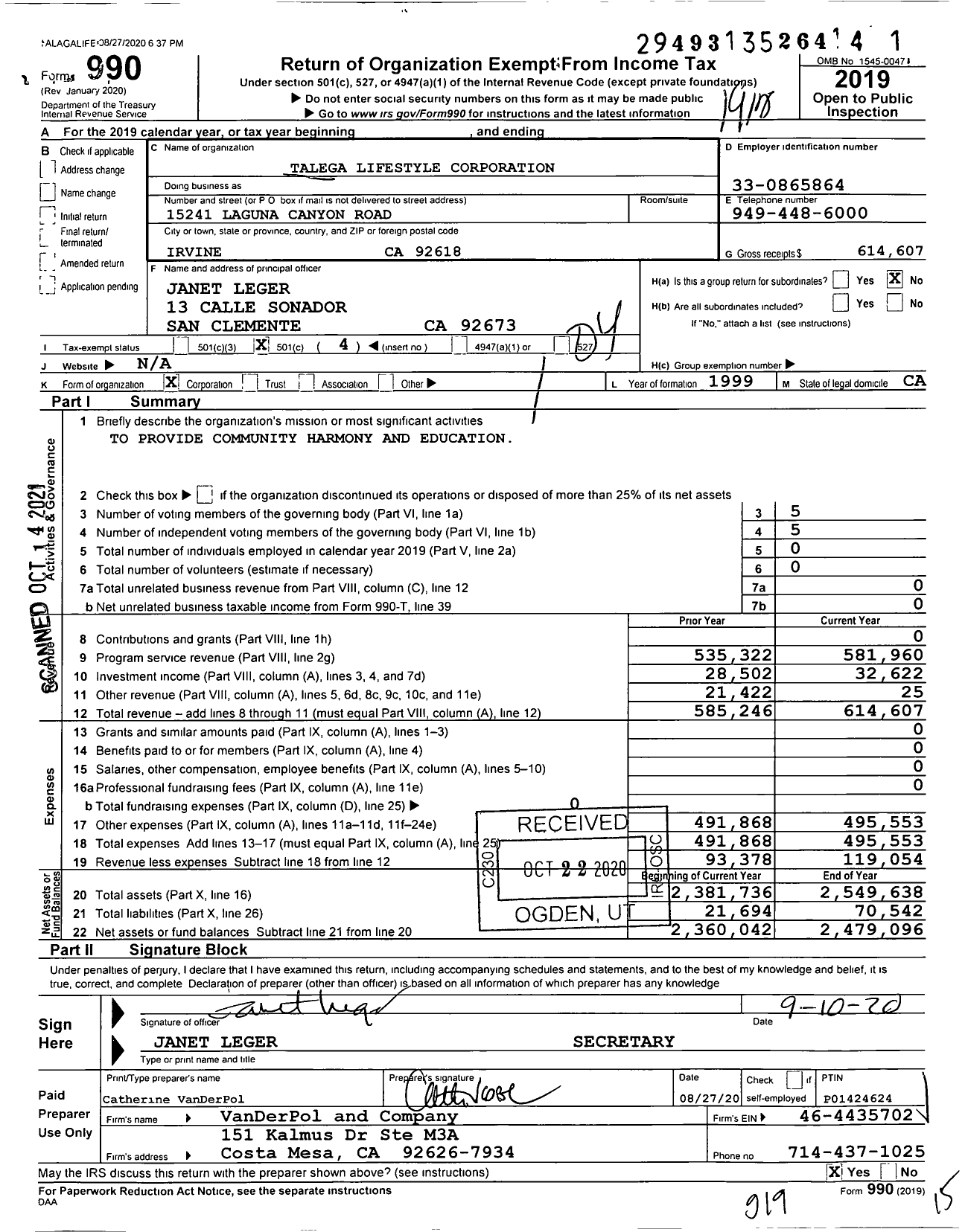 Image of first page of 2019 Form 990O for Talega Lifestyle Corporation