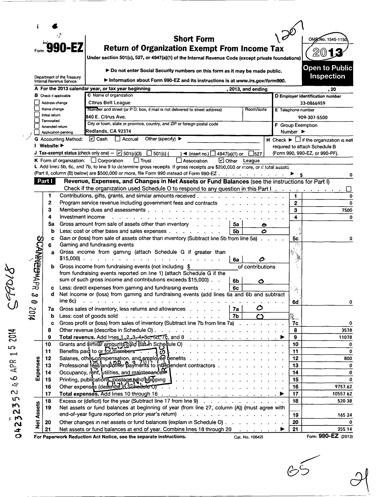 Image of first page of 2011 Form 990EZ for Citrus Belt League