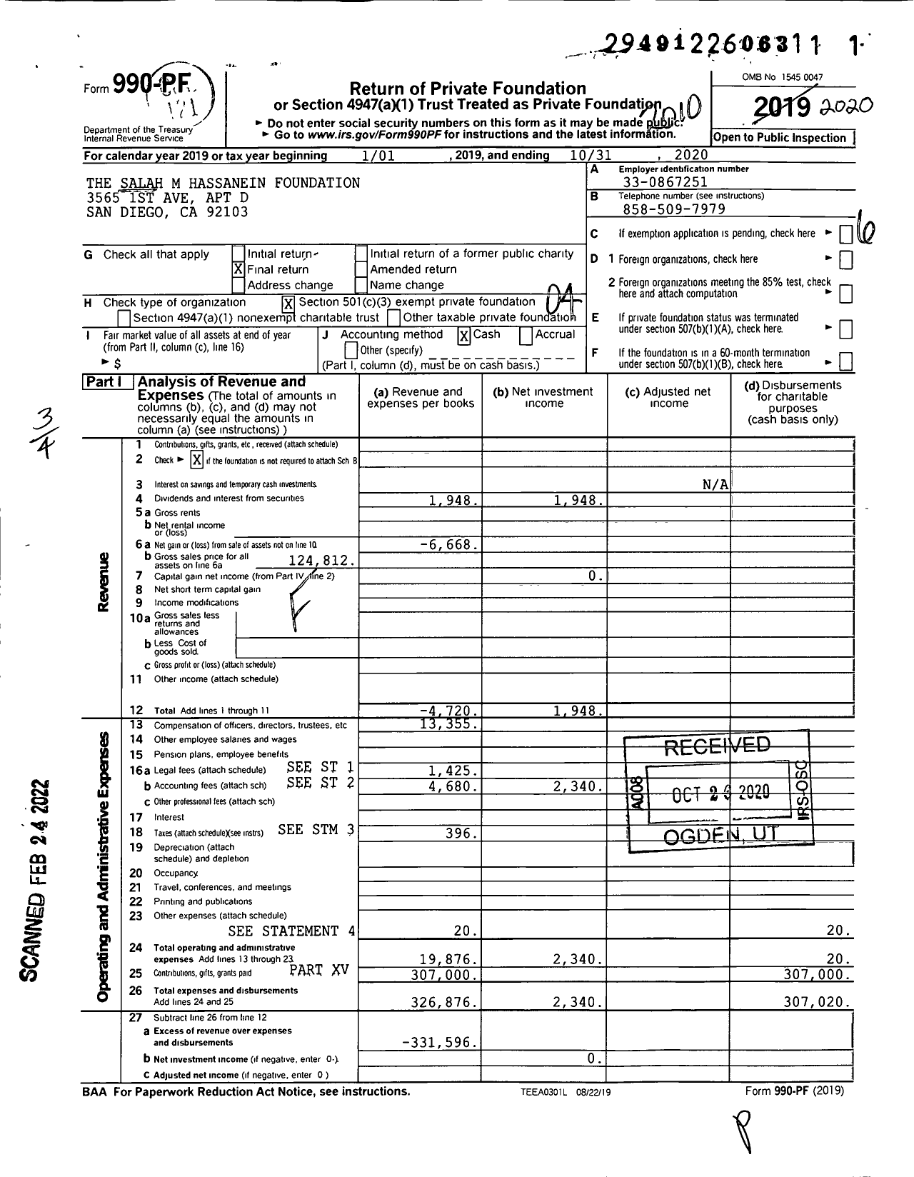 Image of first page of 2019 Form 990PF for The Salah M Hassanein Foundation