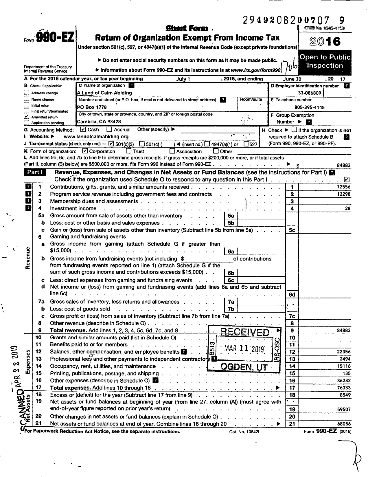 Image of first page of 2016 Form 990EZ for A Land of Calm Abiding