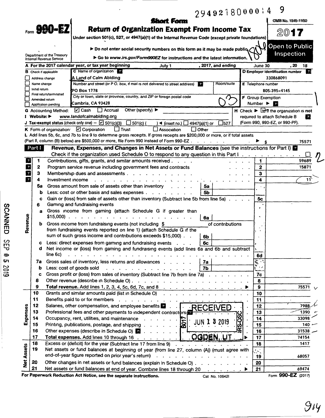 Image of first page of 2017 Form 990EZ for A Land of Calm Abiding