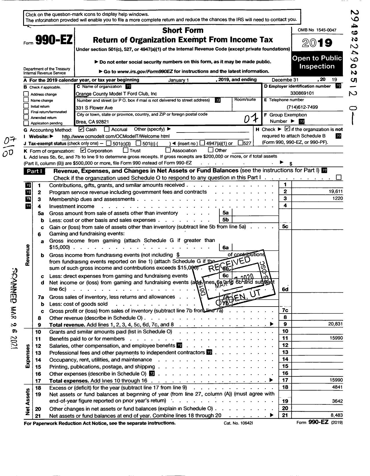 Image of first page of 2019 Form 990EO for Orange County Model T Ford Club