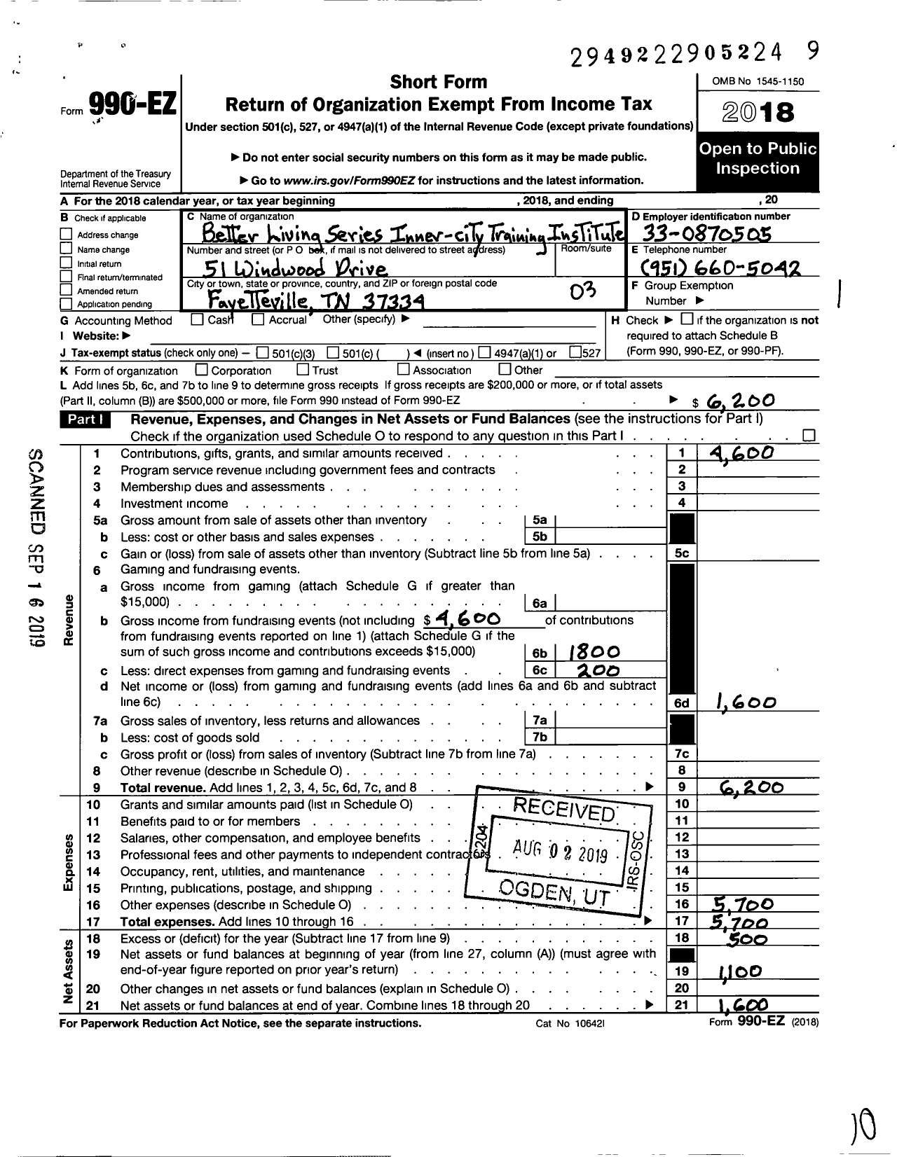 Image of first page of 2018 Form 990EZ for Better Living Series Inner City Training