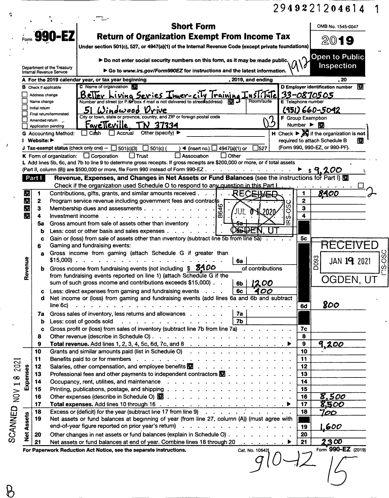 Image of first page of 2019 Form 990EZ for Better Living Series Inner City Training