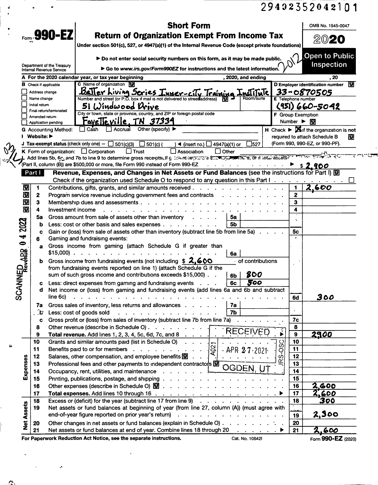 Image of first page of 2020 Form 990EZ for Better Living Series Inner City Training