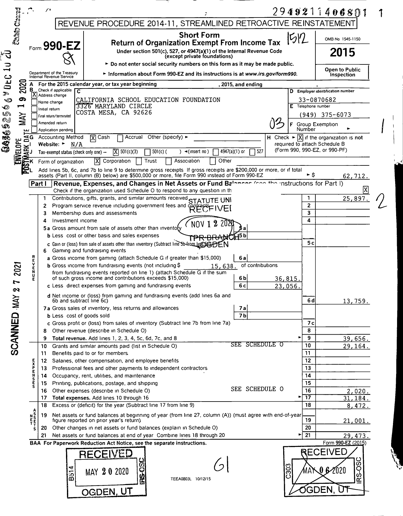 Image of first page of 2015 Form 990EZ for California School Education Foundation