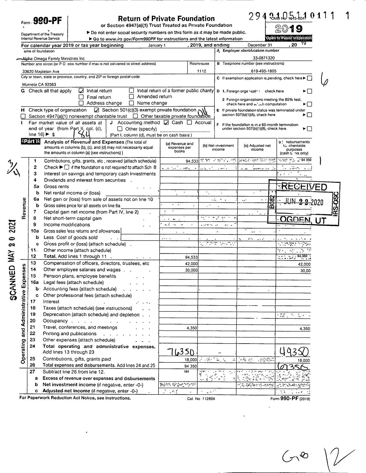 Image of first page of 2019 Form 990PF for Alpha Omega Family Ministries