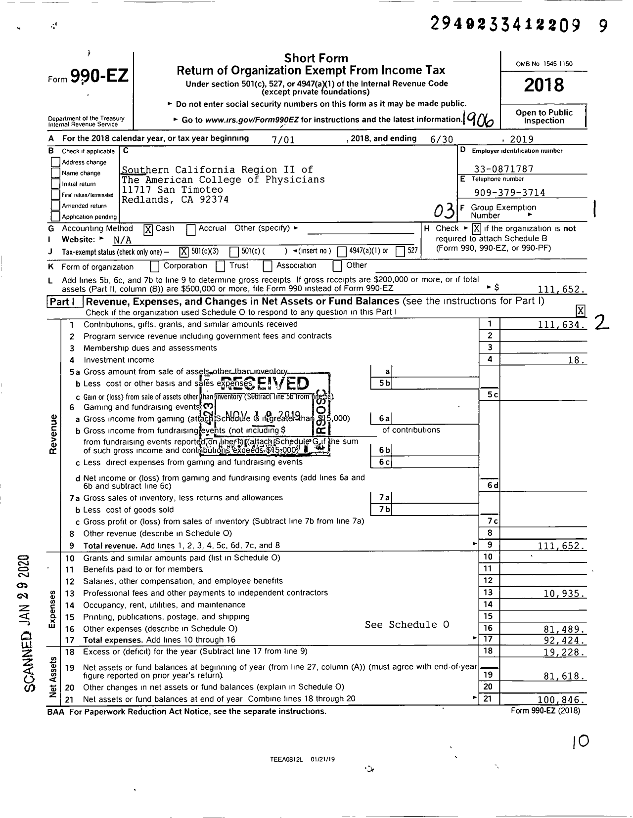 Image of first page of 2018 Form 990EZ for Southern California Region II of The American College of Physicians