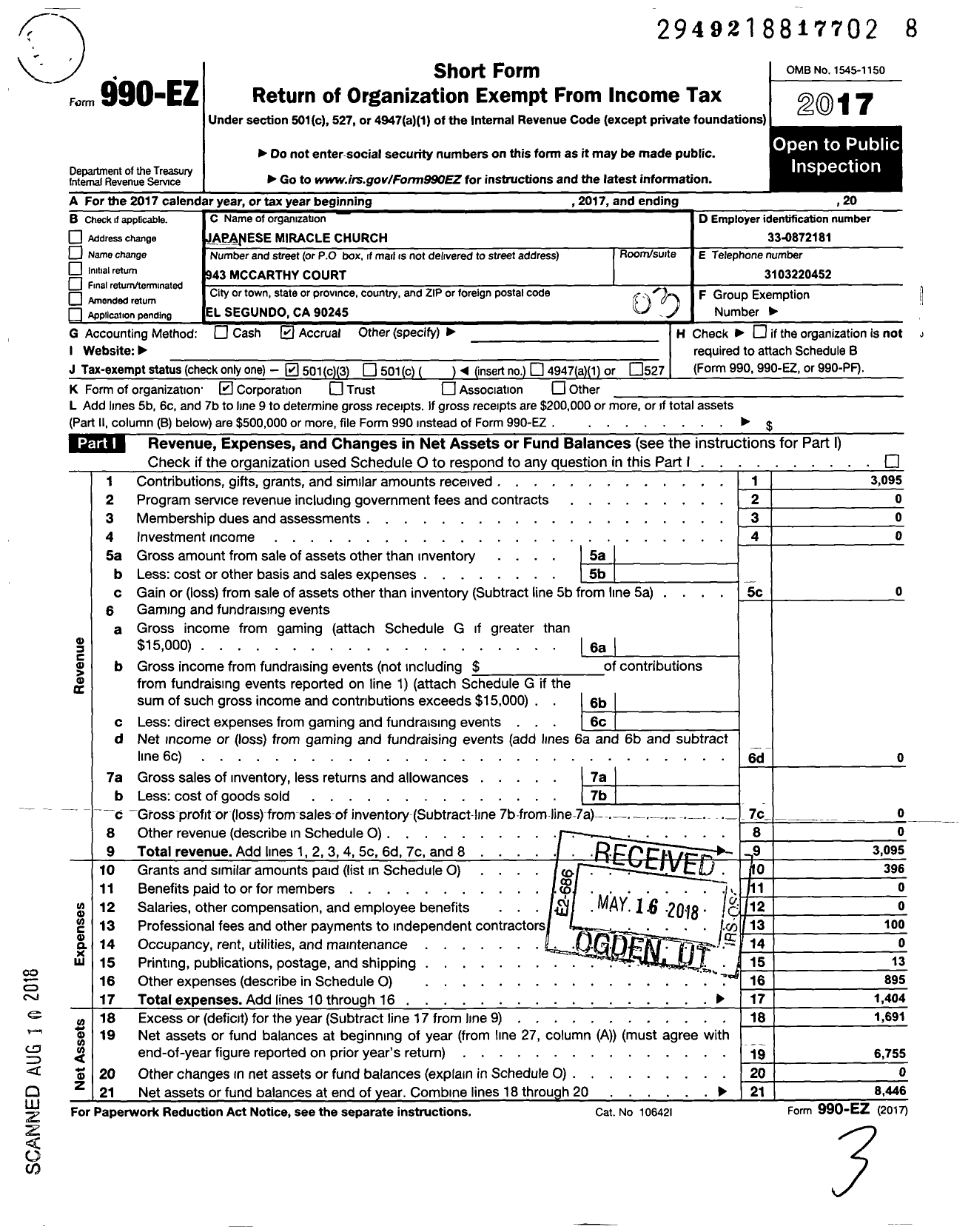 Image of first page of 2017 Form 990EZ for Japanese Miracle Church