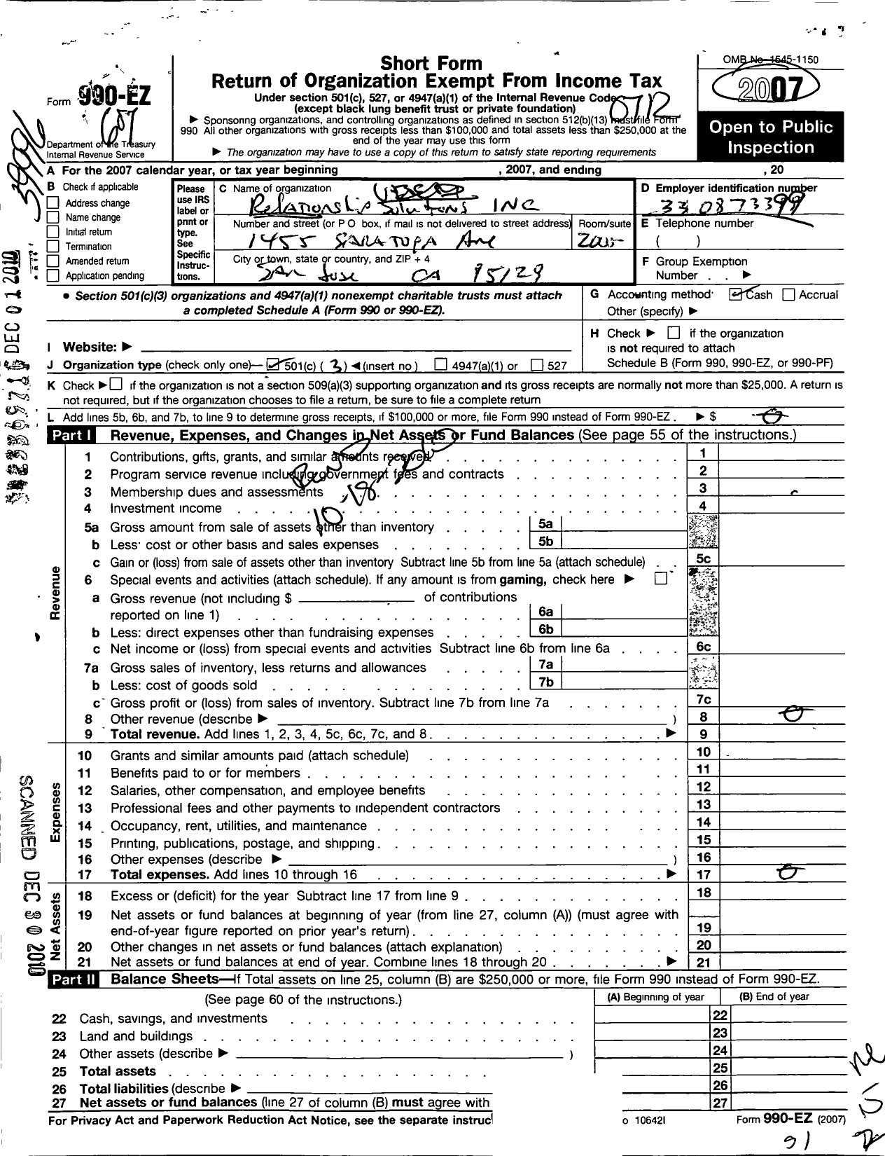 Image of first page of 2007 Form 990EZ for Relatioship Solutions