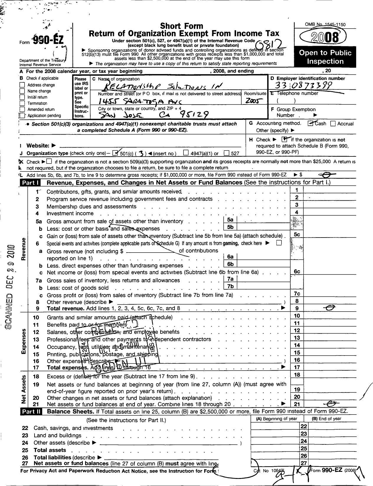 Image of first page of 2008 Form 990EZ for Relatioship Solutions