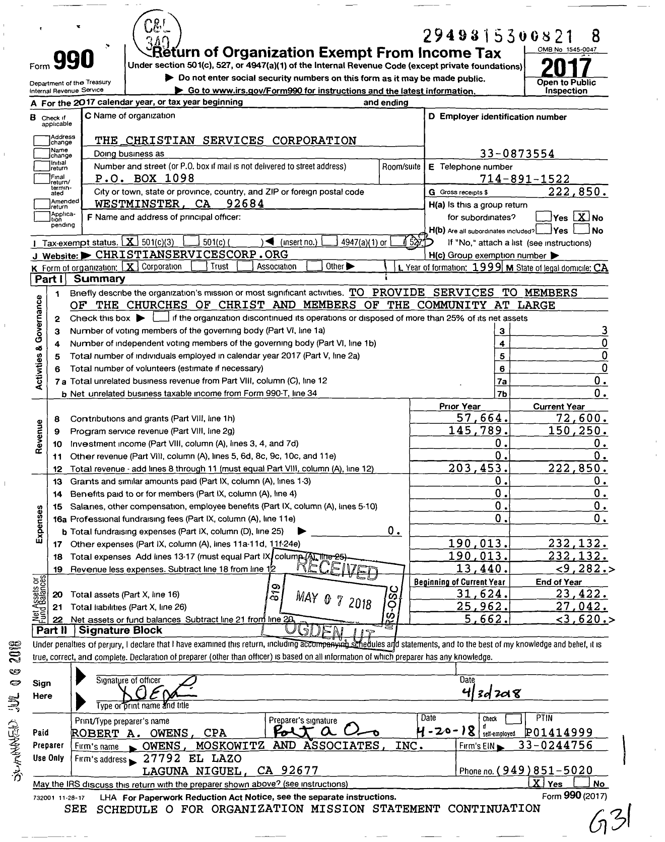 Image of first page of 2017 Form 990 for Christian Services Corporation