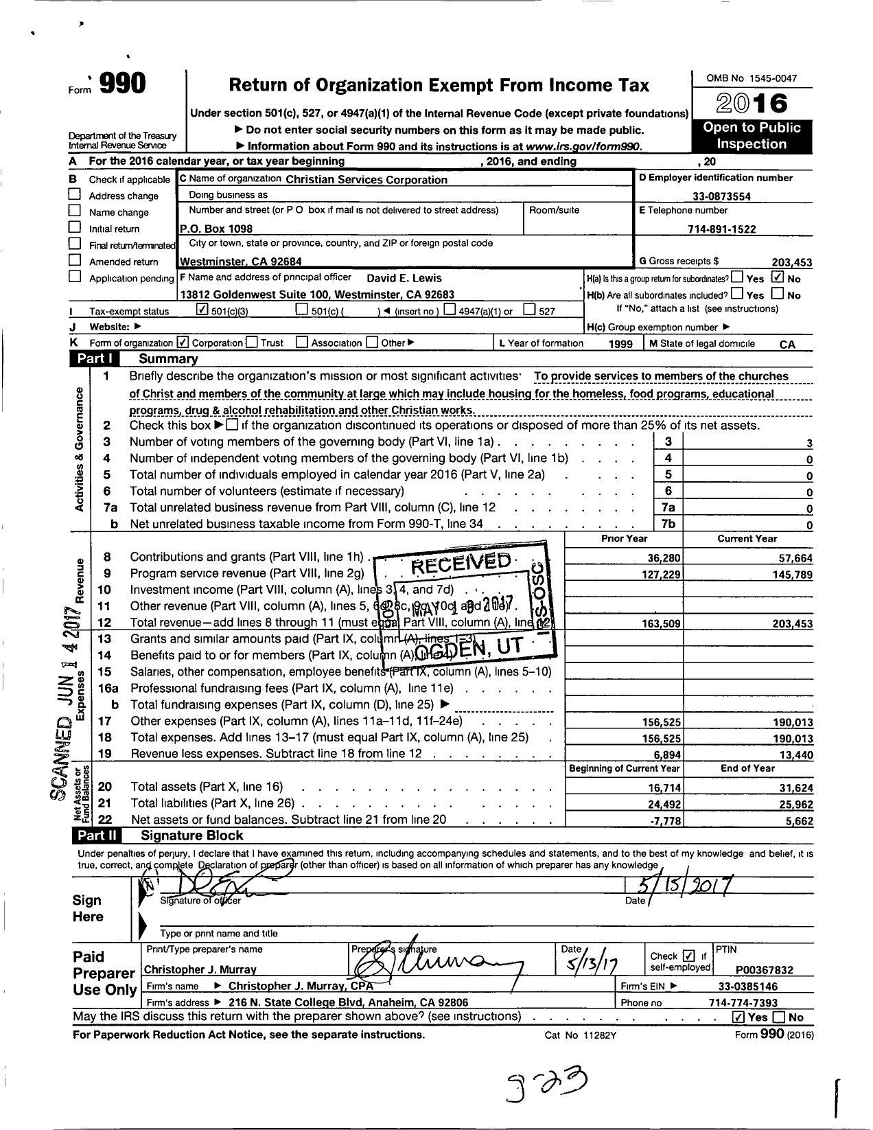 Image of first page of 2016 Form 990 for Christian Services Corporation