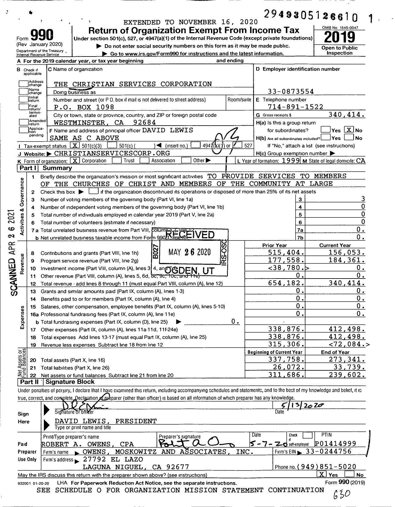 Image of first page of 2019 Form 990 for Christian Services Corporation