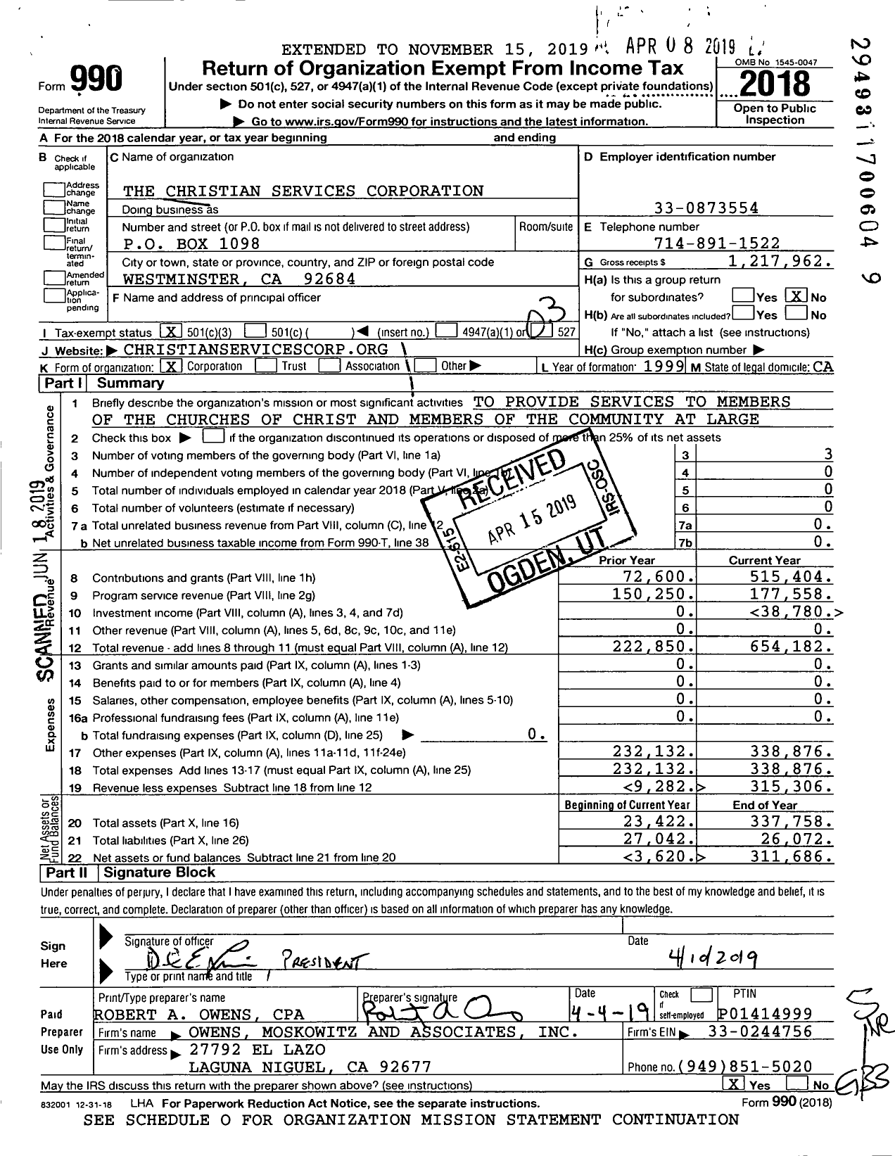 Image of first page of 2018 Form 990 for Christian Services Corporation