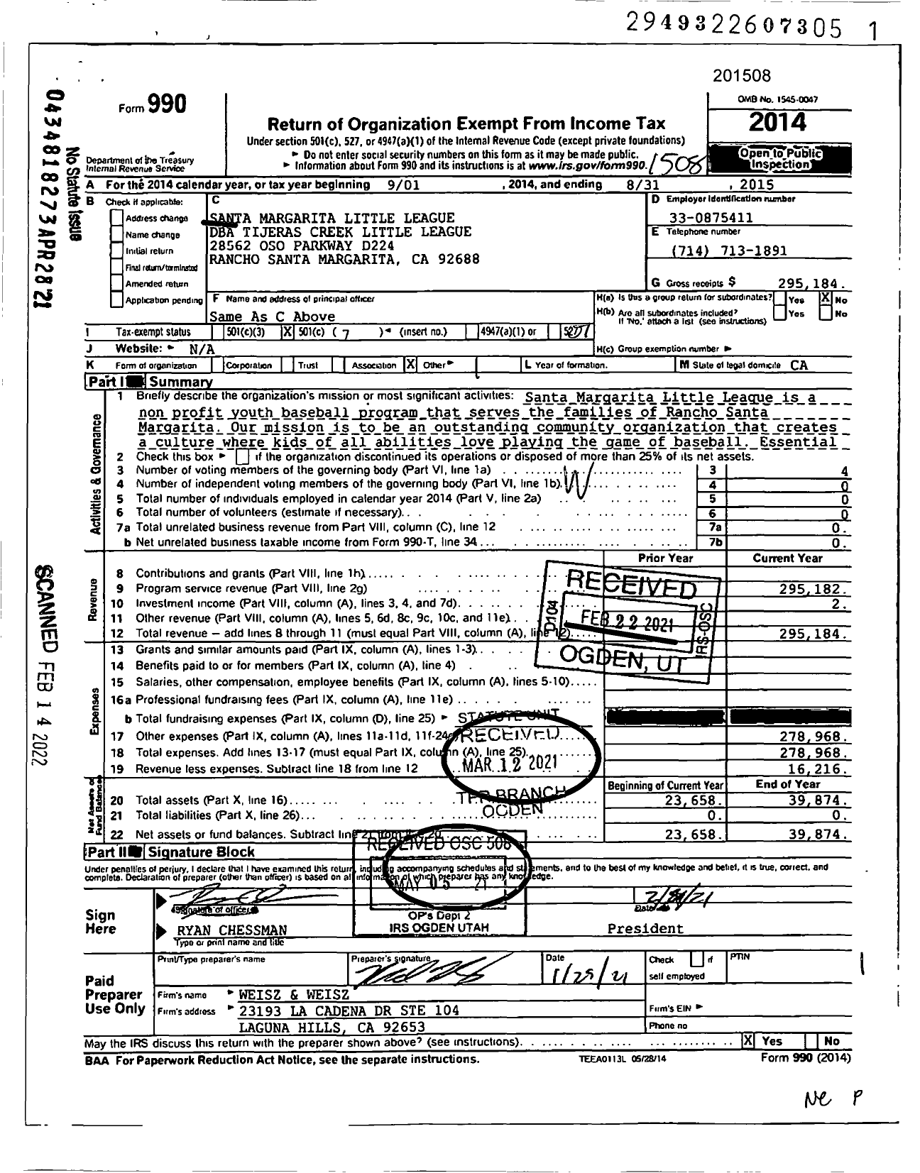 Image of first page of 2014 Form 990O for Santa Margarita Little League