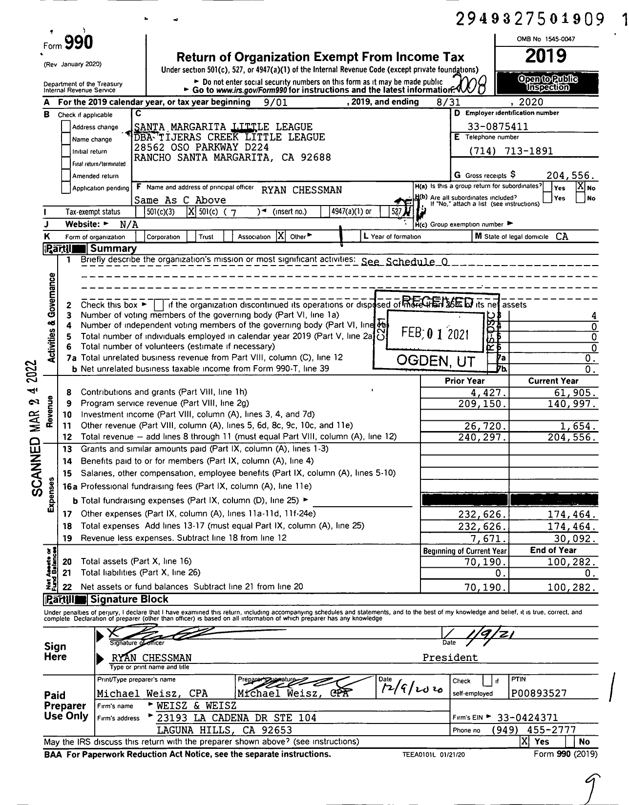 Image of first page of 2019 Form 990O for Santa Margarita Little League