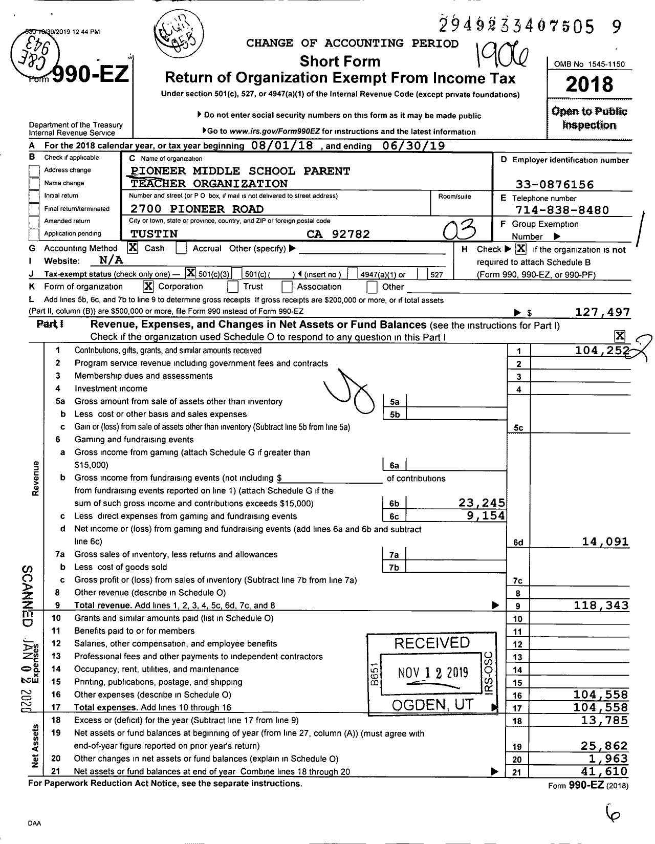 Image of first page of 2018 Form 990EZ for Pioneer Middle School Parent Teacher Organization