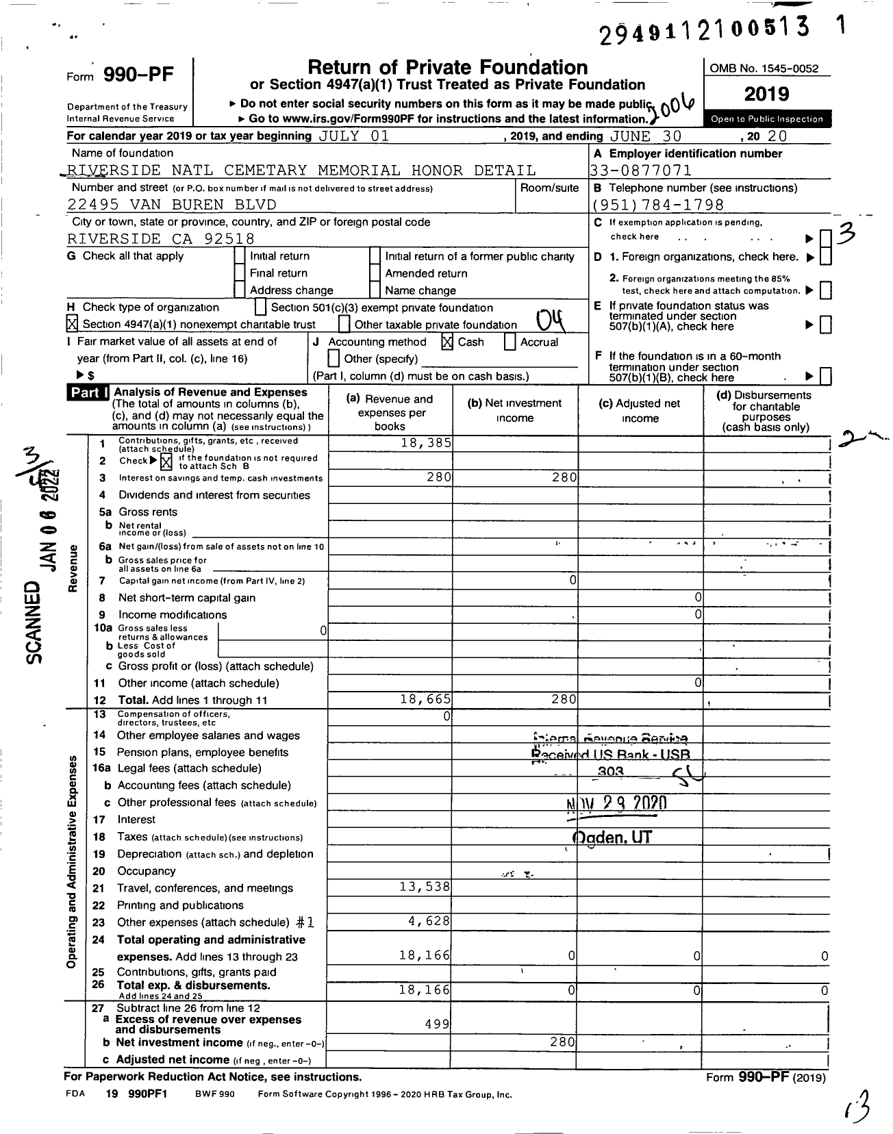 Image of first page of 2019 Form 990PF for Riverside National Cemetery Memorial Honor Detail