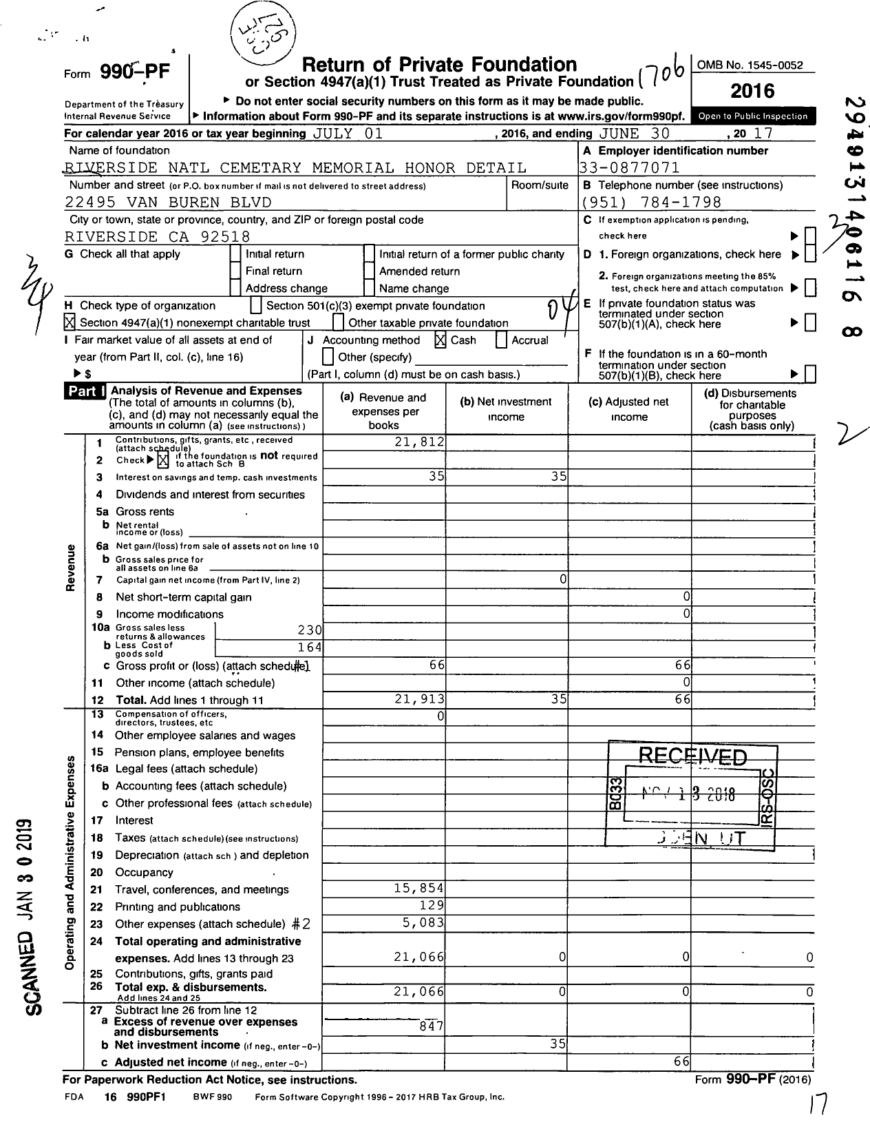 Image of first page of 2016 Form 990PF for Riverside National Cemetery Memorial Honor Detail