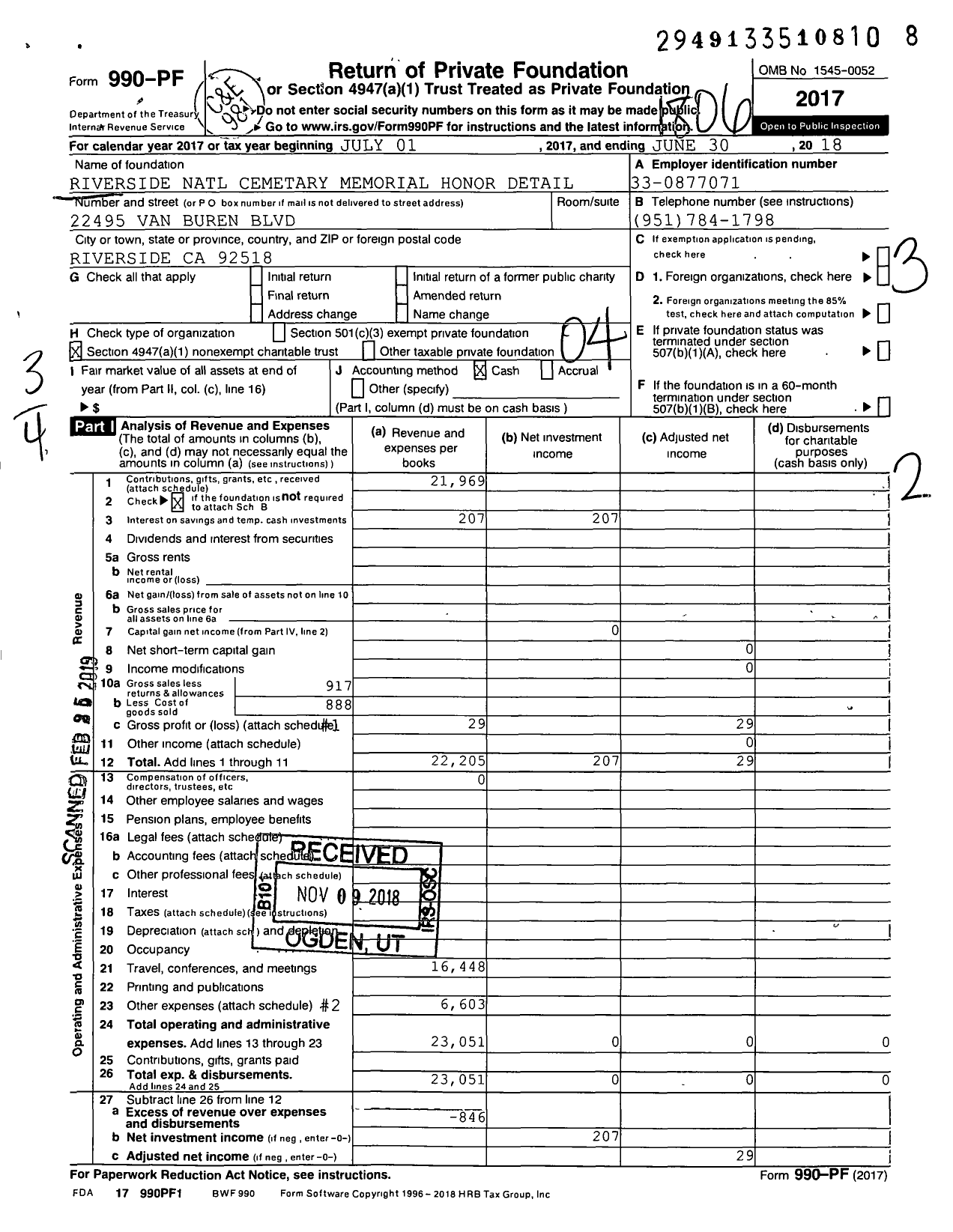 Image of first page of 2017 Form 990PF for Riverside National Cemetery Memorial Honor Detail