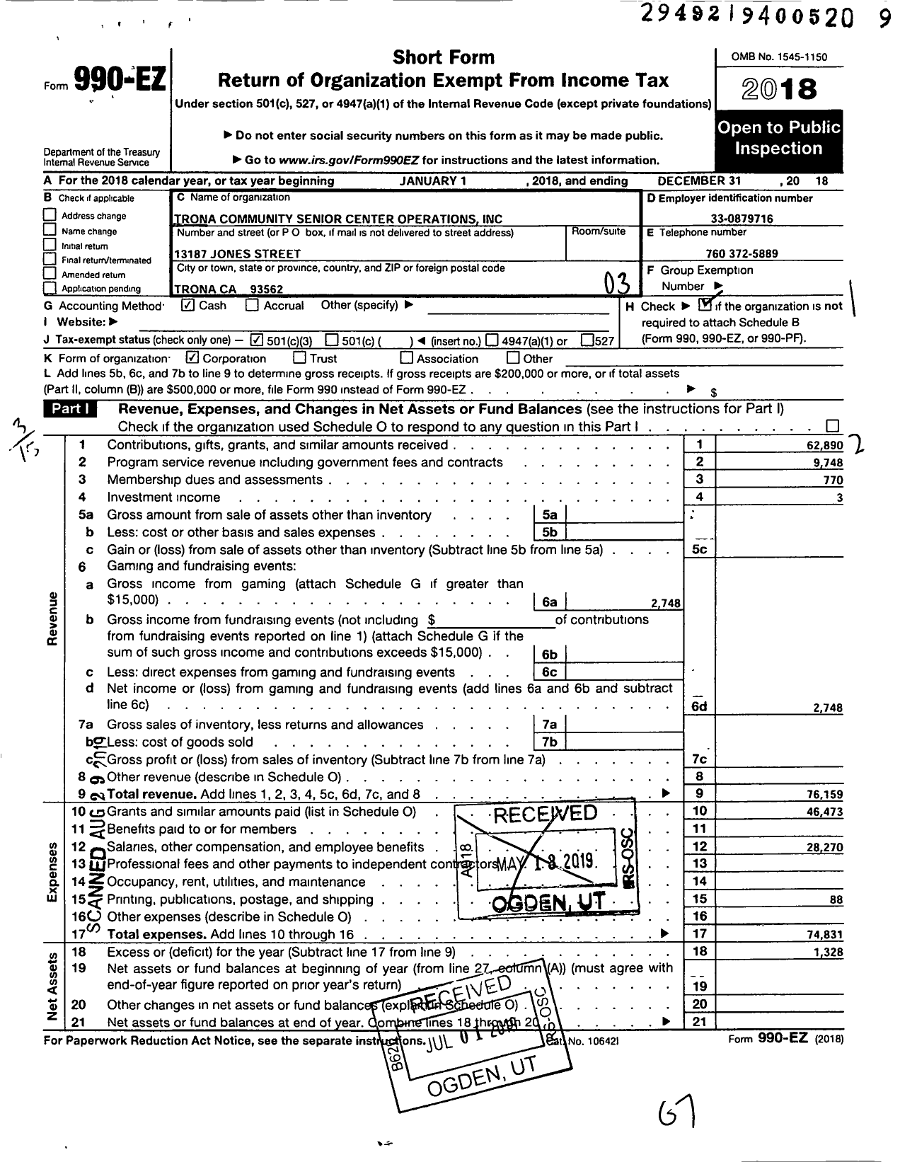 Image of first page of 2018 Form 990EZ for Trona Community Senior Center Operations Incorporated