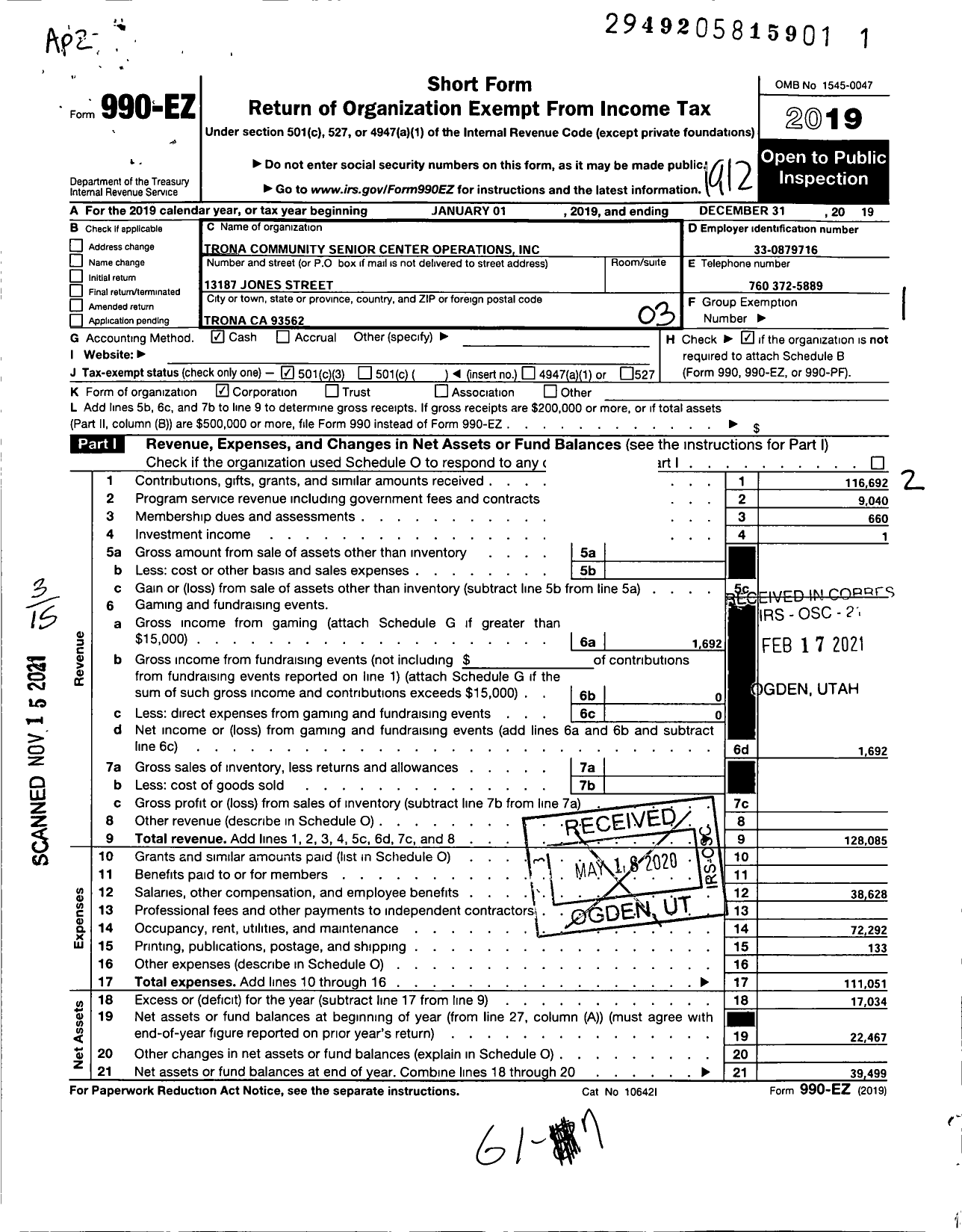 Image of first page of 2019 Form 990EZ for Trona Community Senior Center Operations Incorporated