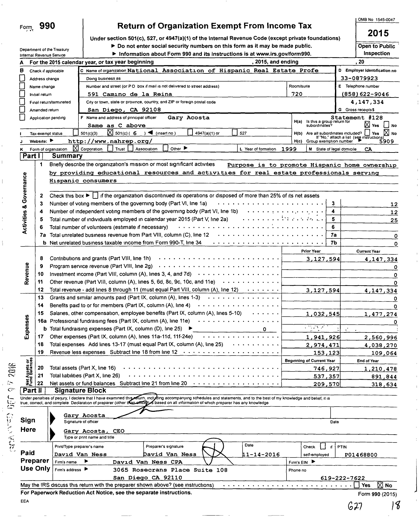 Image of first page of 2015 Form 990O for National Associaton of Hispanic Real Estate Professionals (NAHREP)