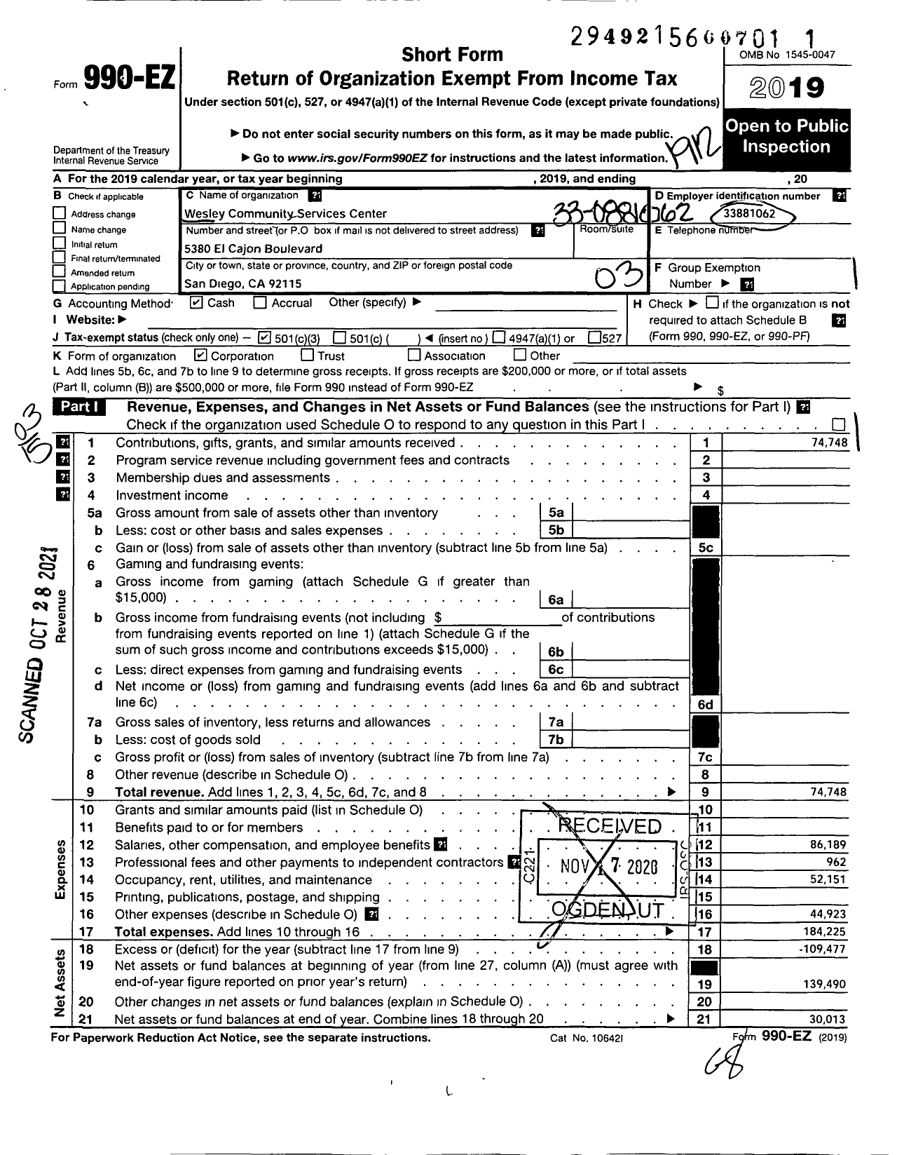 Image of first page of 2019 Form 990EZ for Wesley Community Services Center